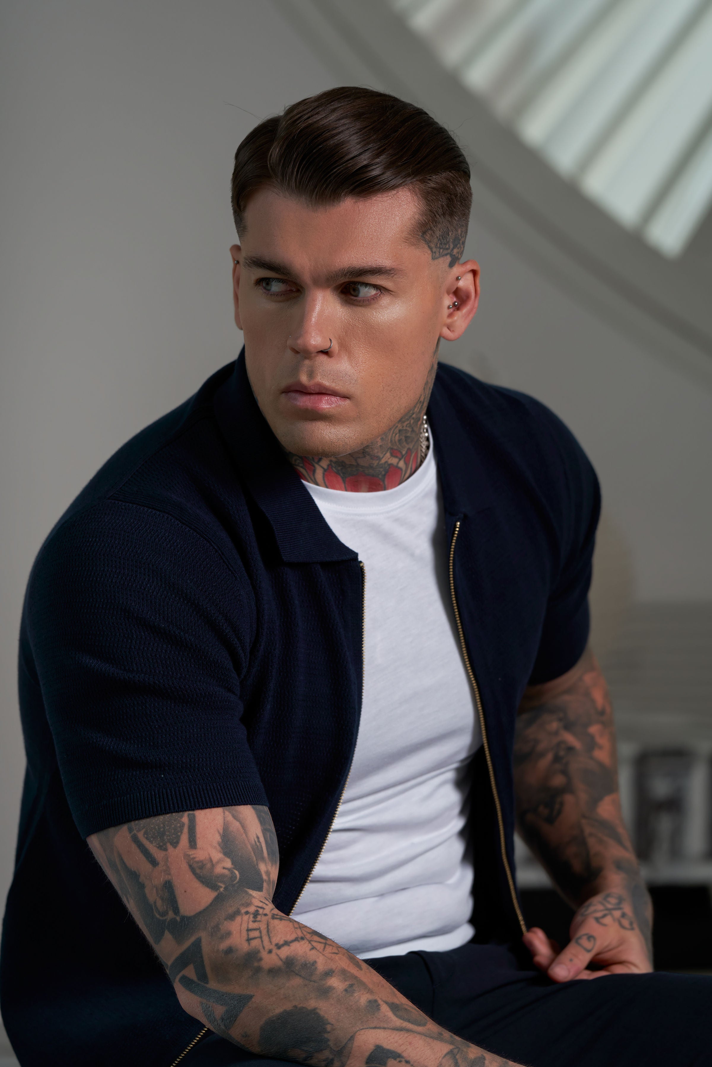 Classic Knitted Textured Design With Full Length Zip Navy Short Sleeve - FSN153