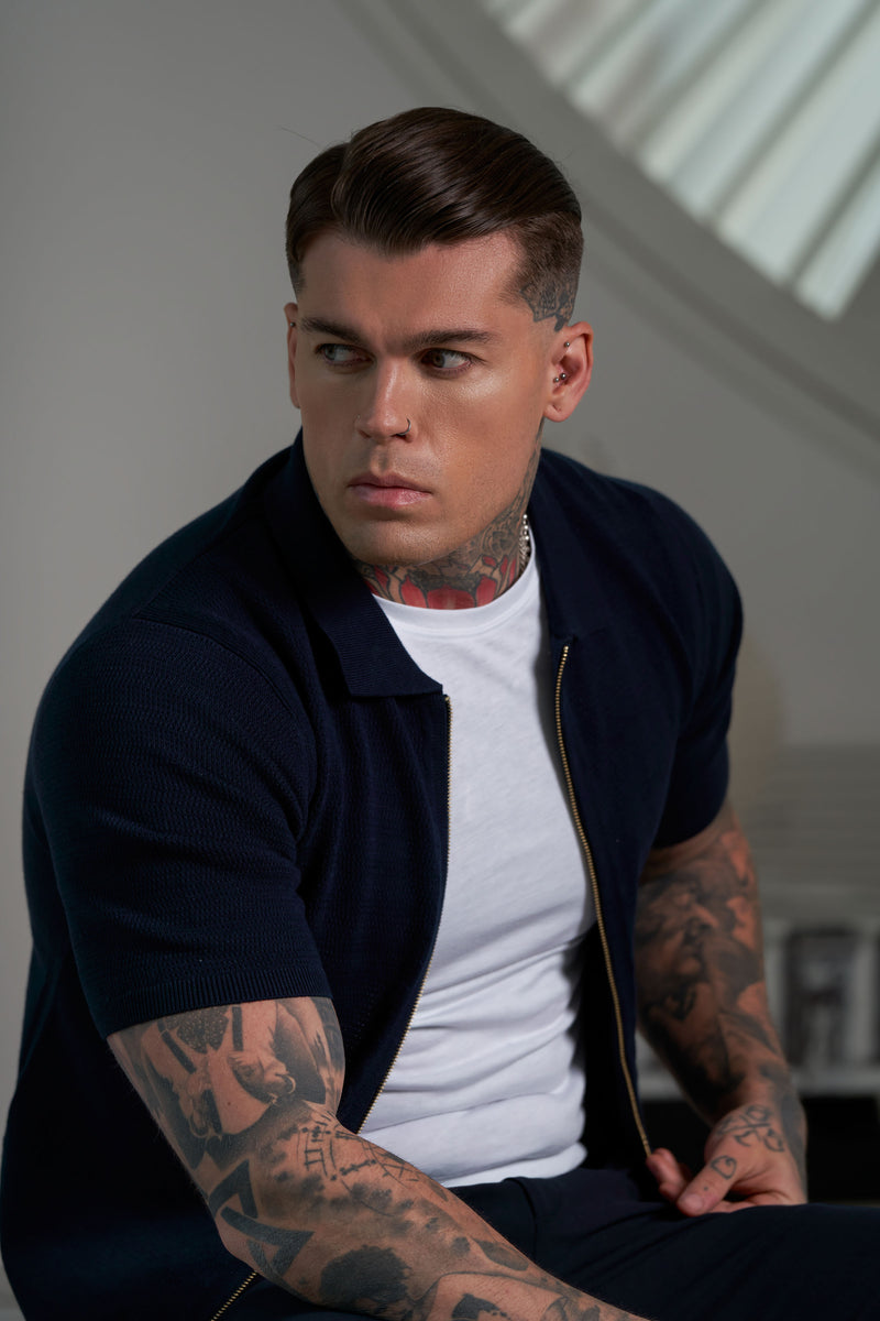 Father Sons Classic Knitted Textured Design With Full Length Zip Navy Short Sleeve - FSN153