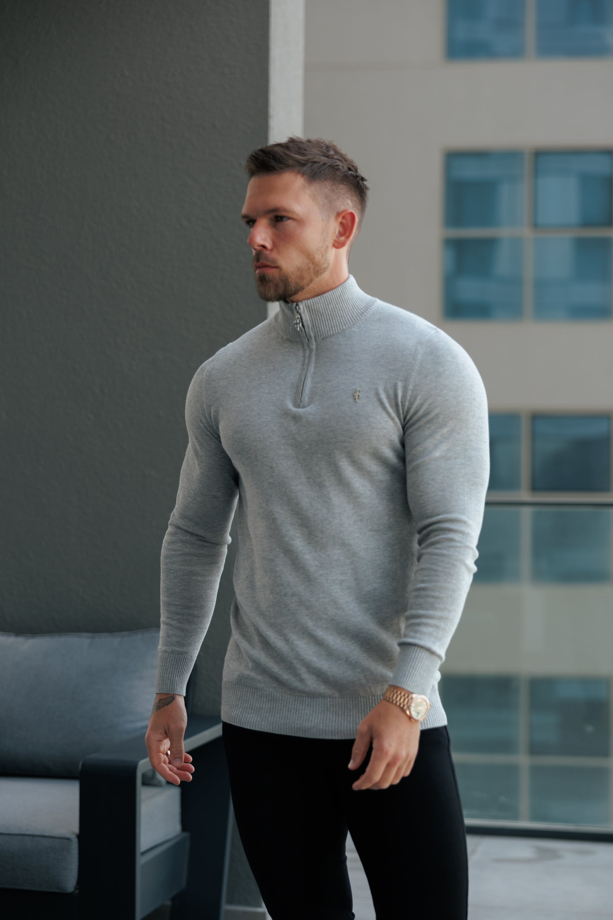FS Light Grey Funnel Neck Knitted Jumper With FS Branding  - FSN193