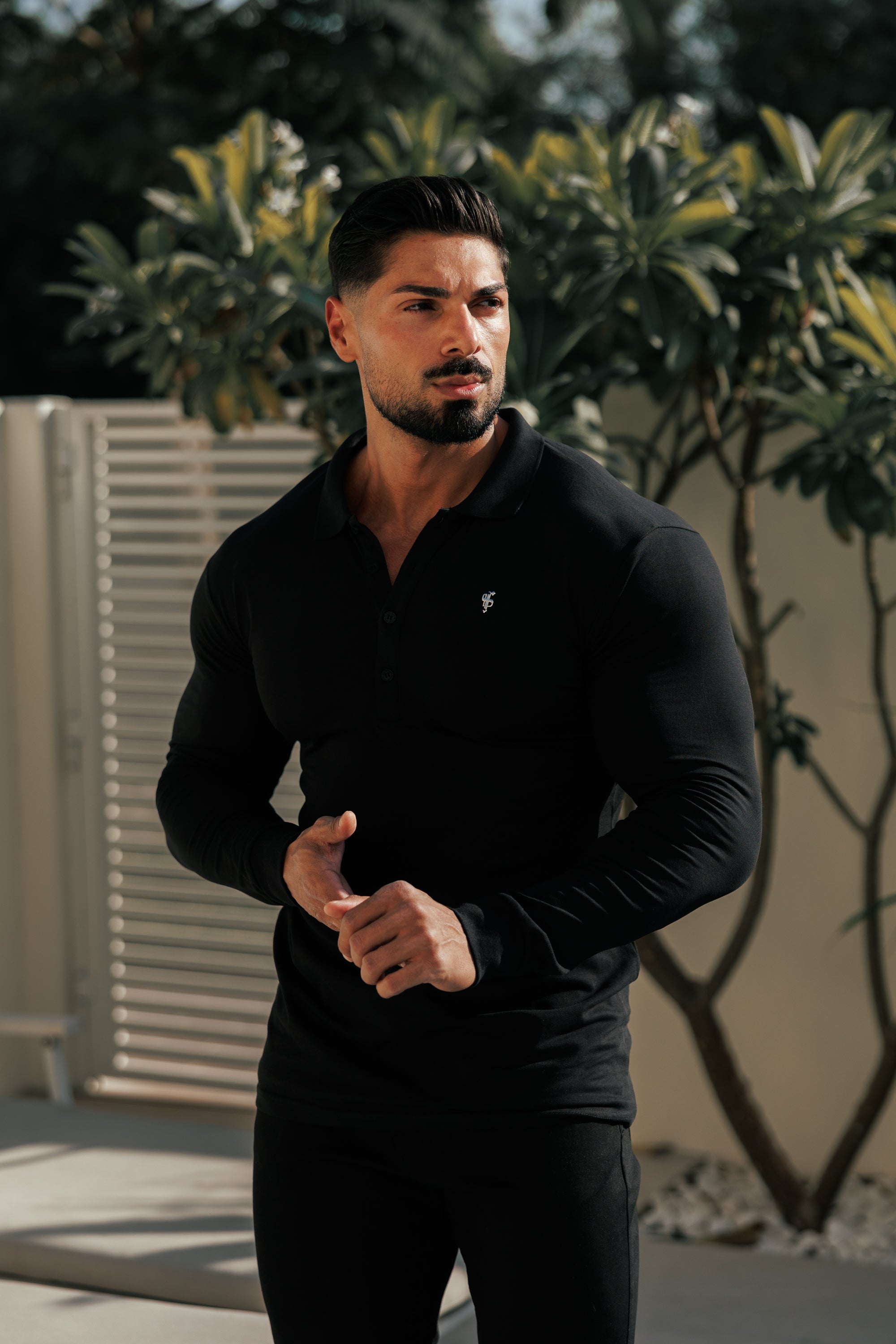 Black / Silver Polo Shirt Long Sleeve - FSH1396