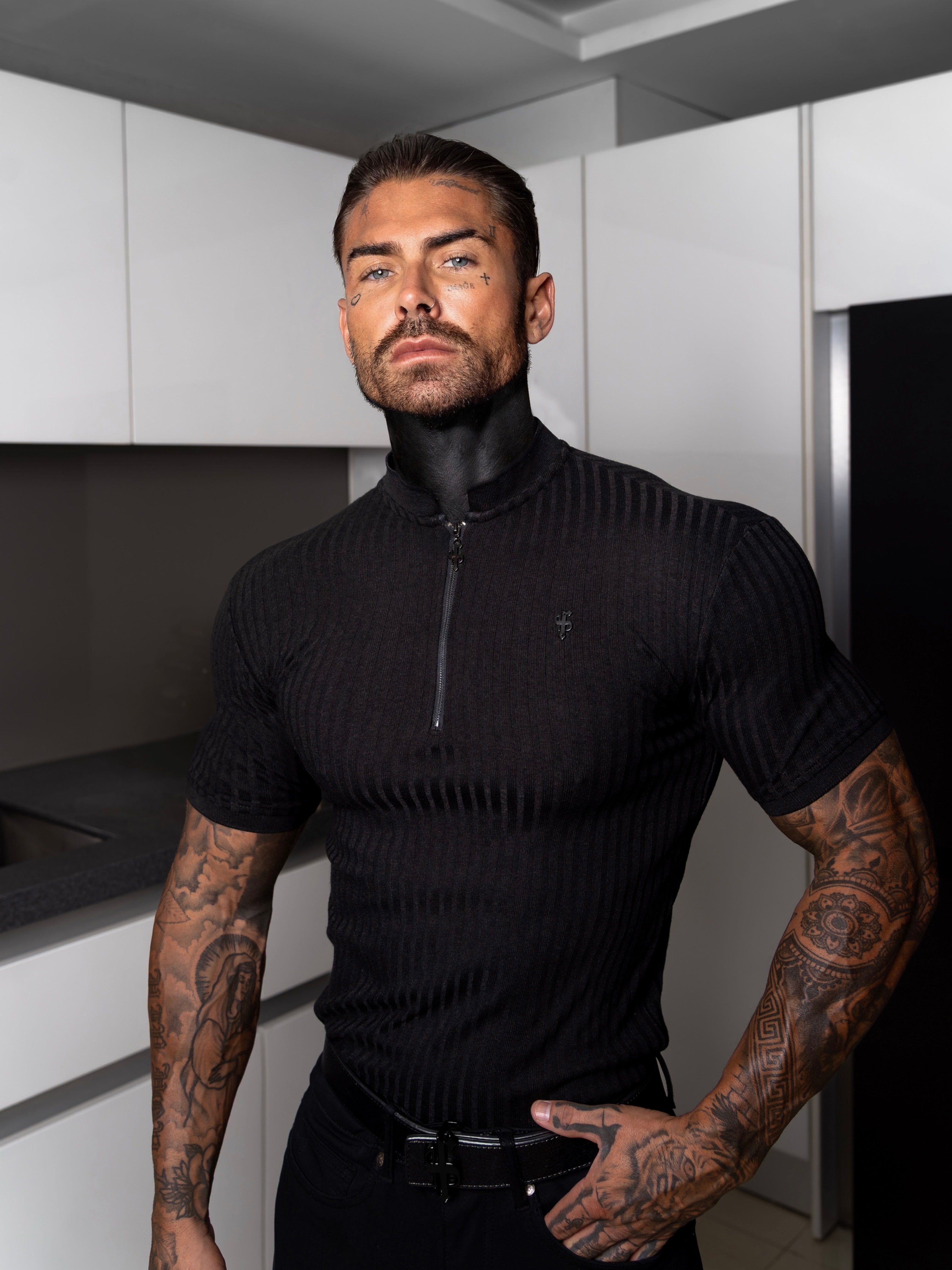 Super Slim Black / Black Ribbed Zip Grandad Collar Shirt Short Sleeve - FSH1446