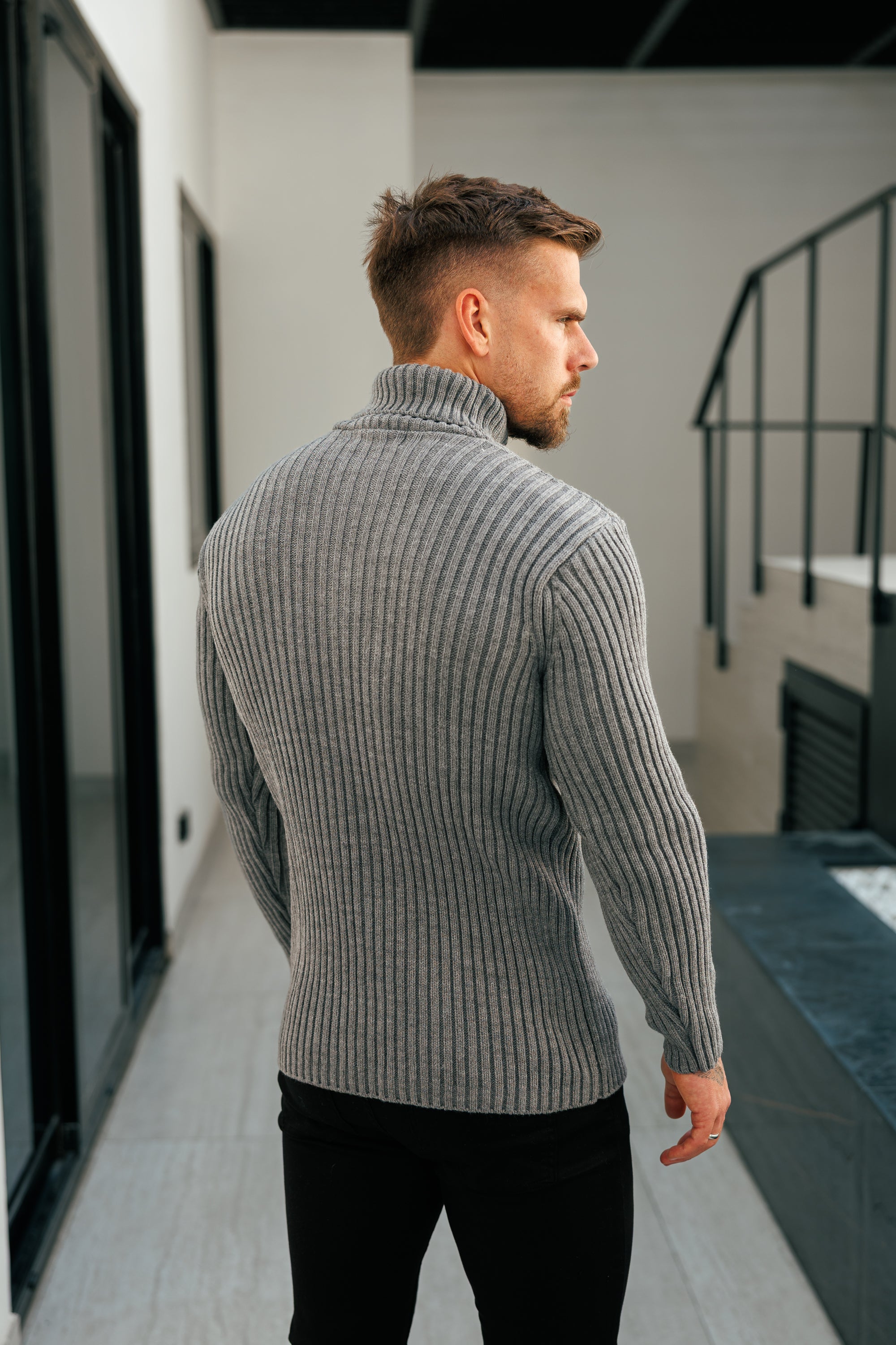 Ribbed Knit Charcoal Roll Neck Jumper - FSJ117