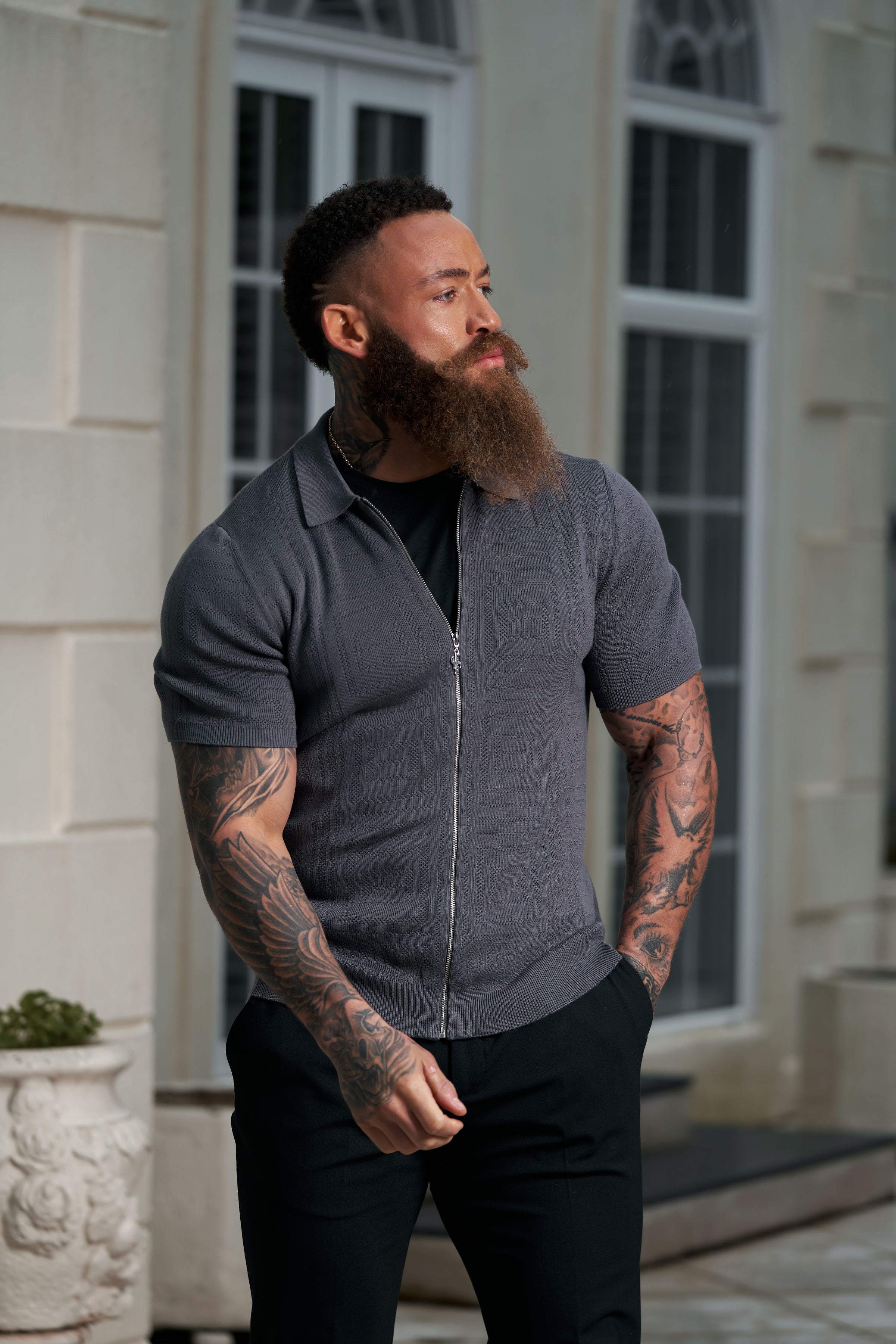 Classic Knitted Geo Design With Full Length Zip Gunmetal Short Sleeve - FSN150