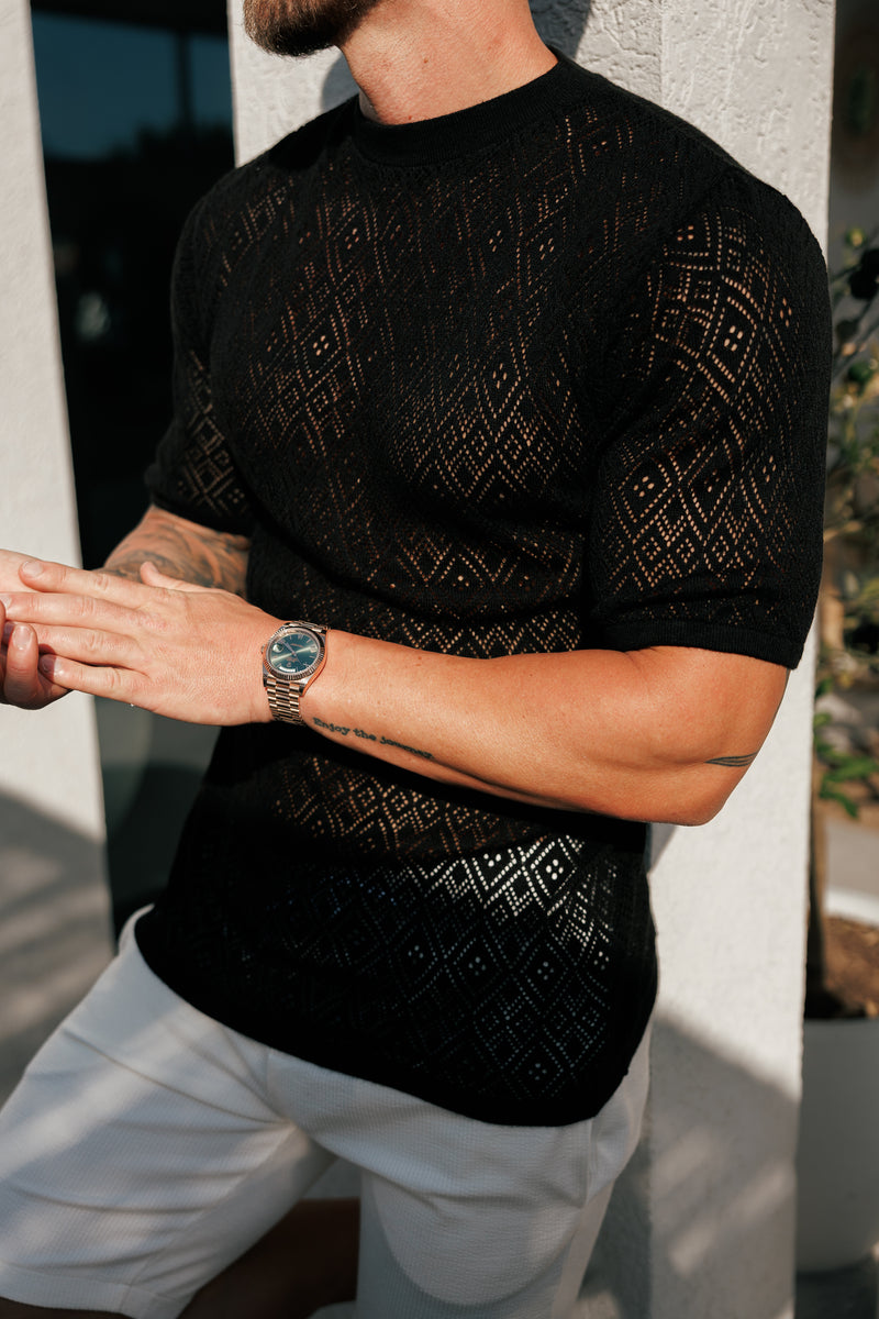 Father Sons Crochet Crew T-Shirt Black Short Sleeve - FSJ085