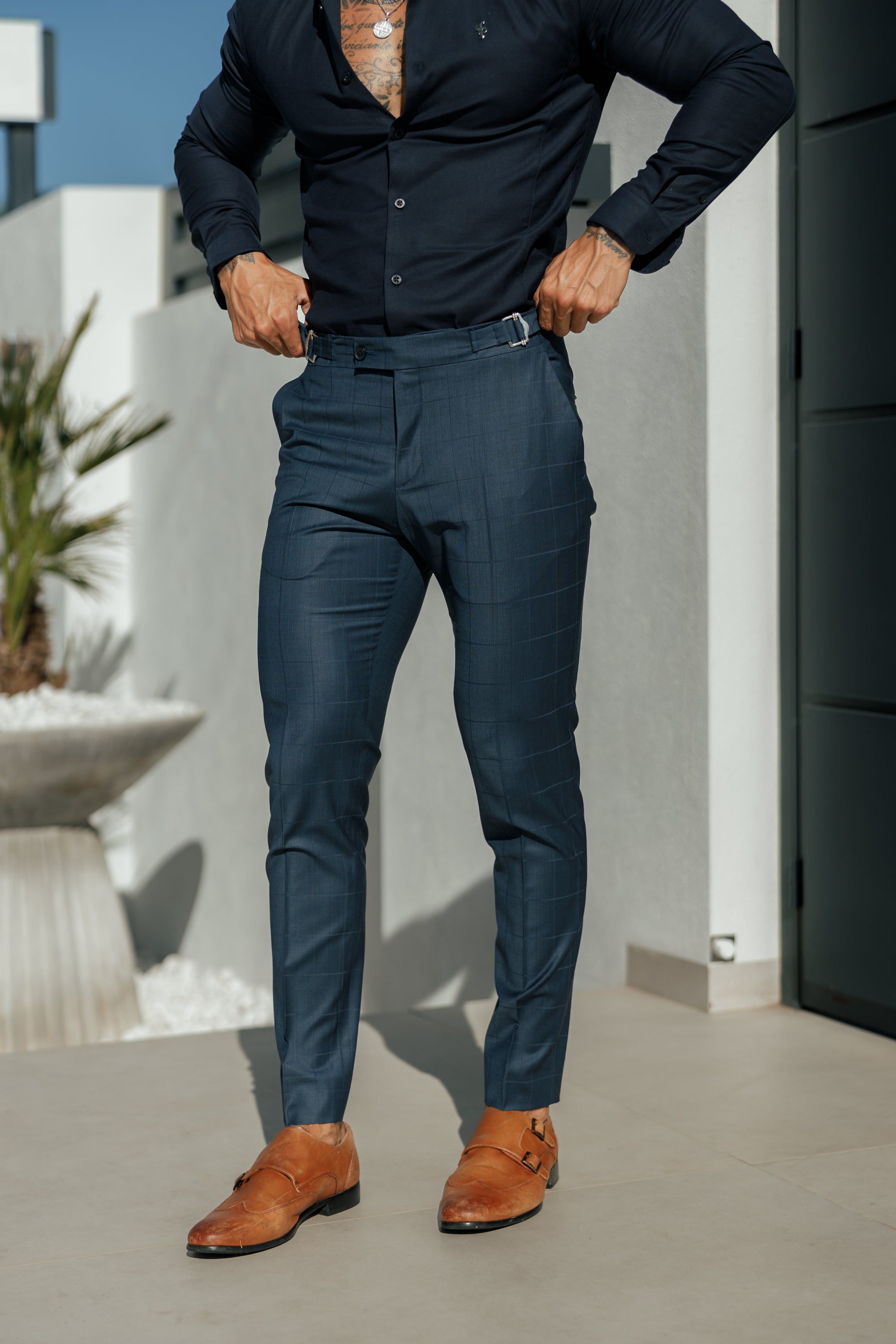Father Sons Slim Formal Navy Self Check Stretch Pants with Side Adjusters - FST030