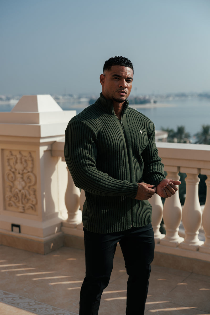 Father Sons Chunky Olive Ribbed Zipped Cardigan with Gold Emblem- FSJ095