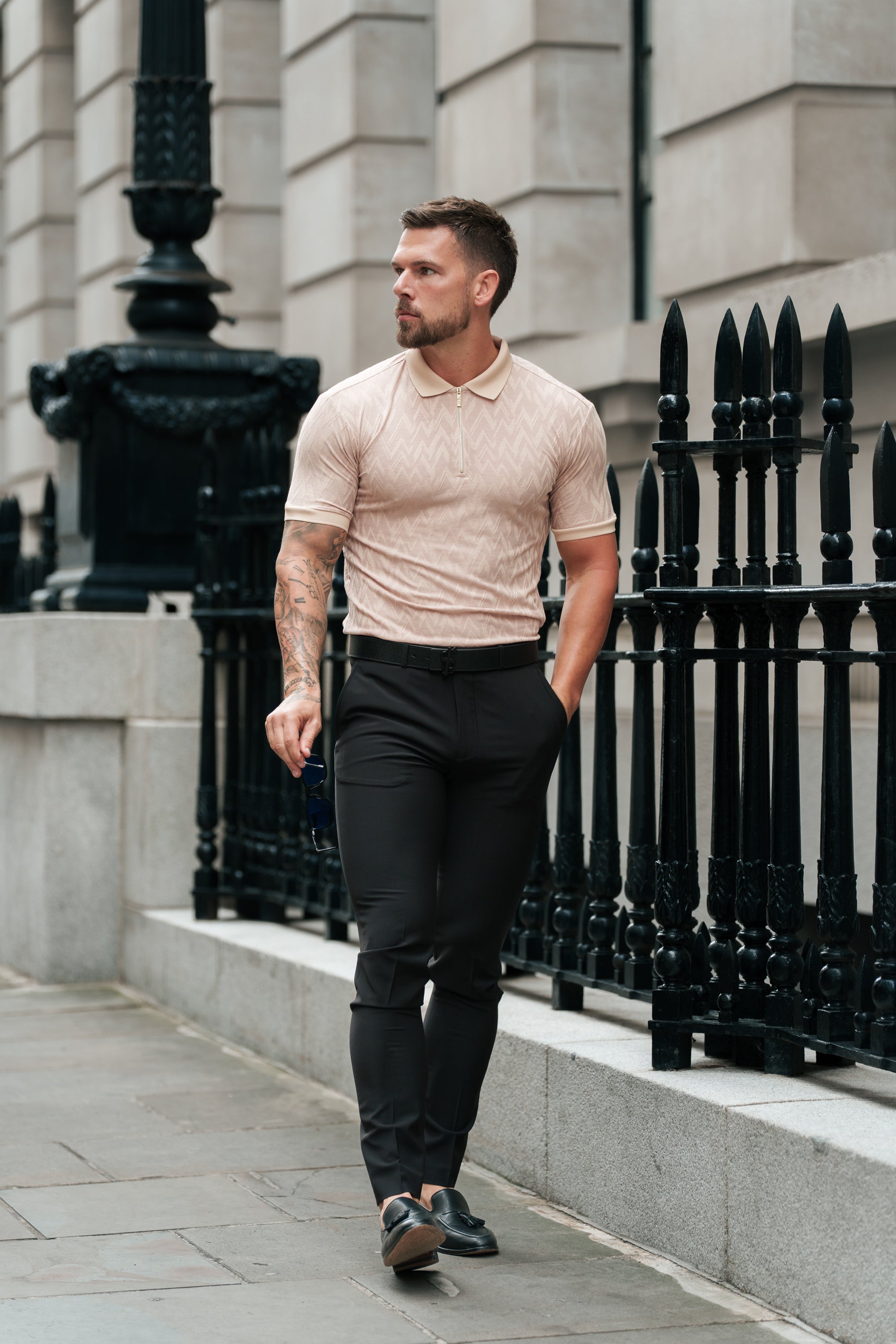 Classic Jacquard Beige Chevron Zipped Polo - FSR023