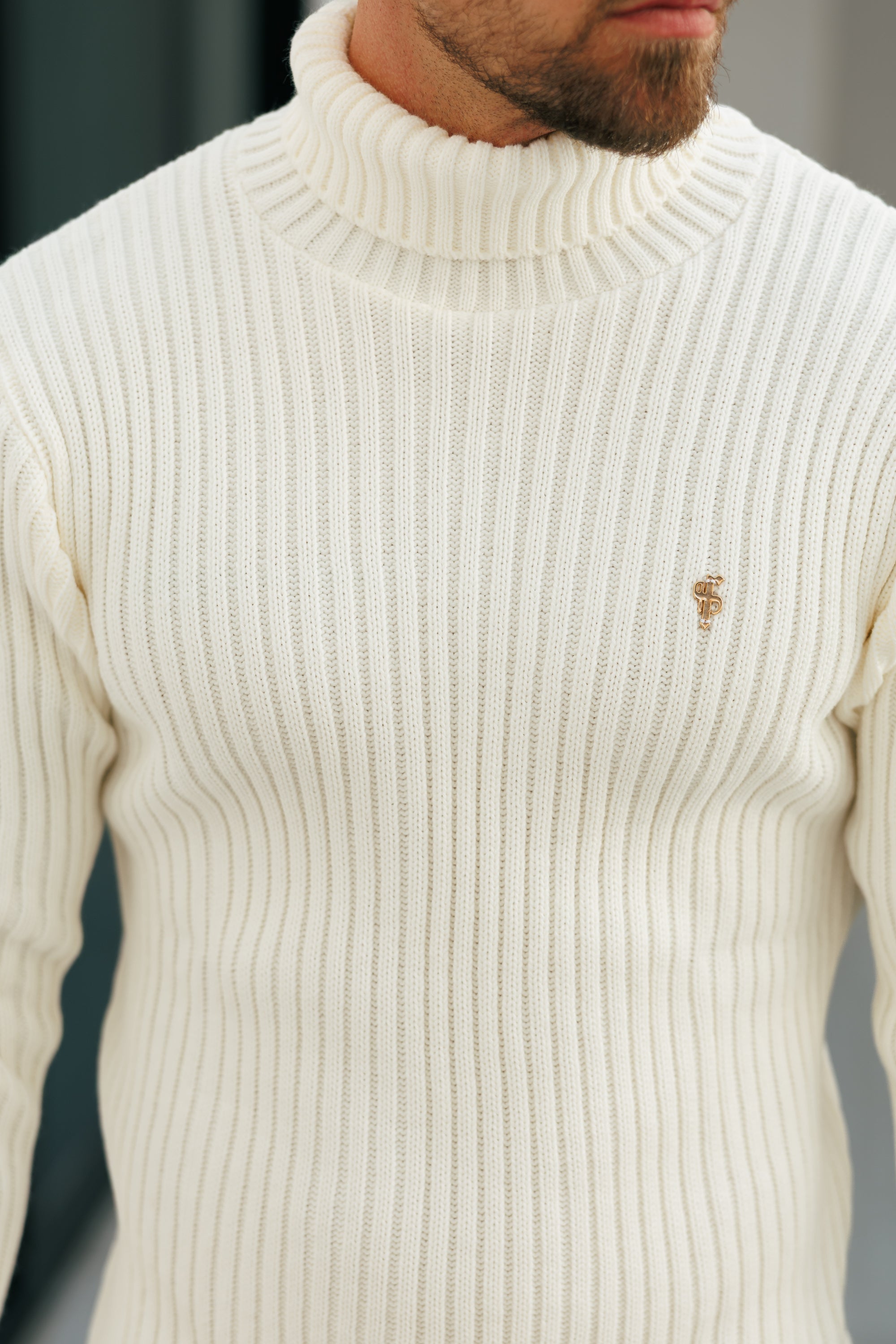 Ribbed Knit Cream Roll Neck Jumper - FSJ114