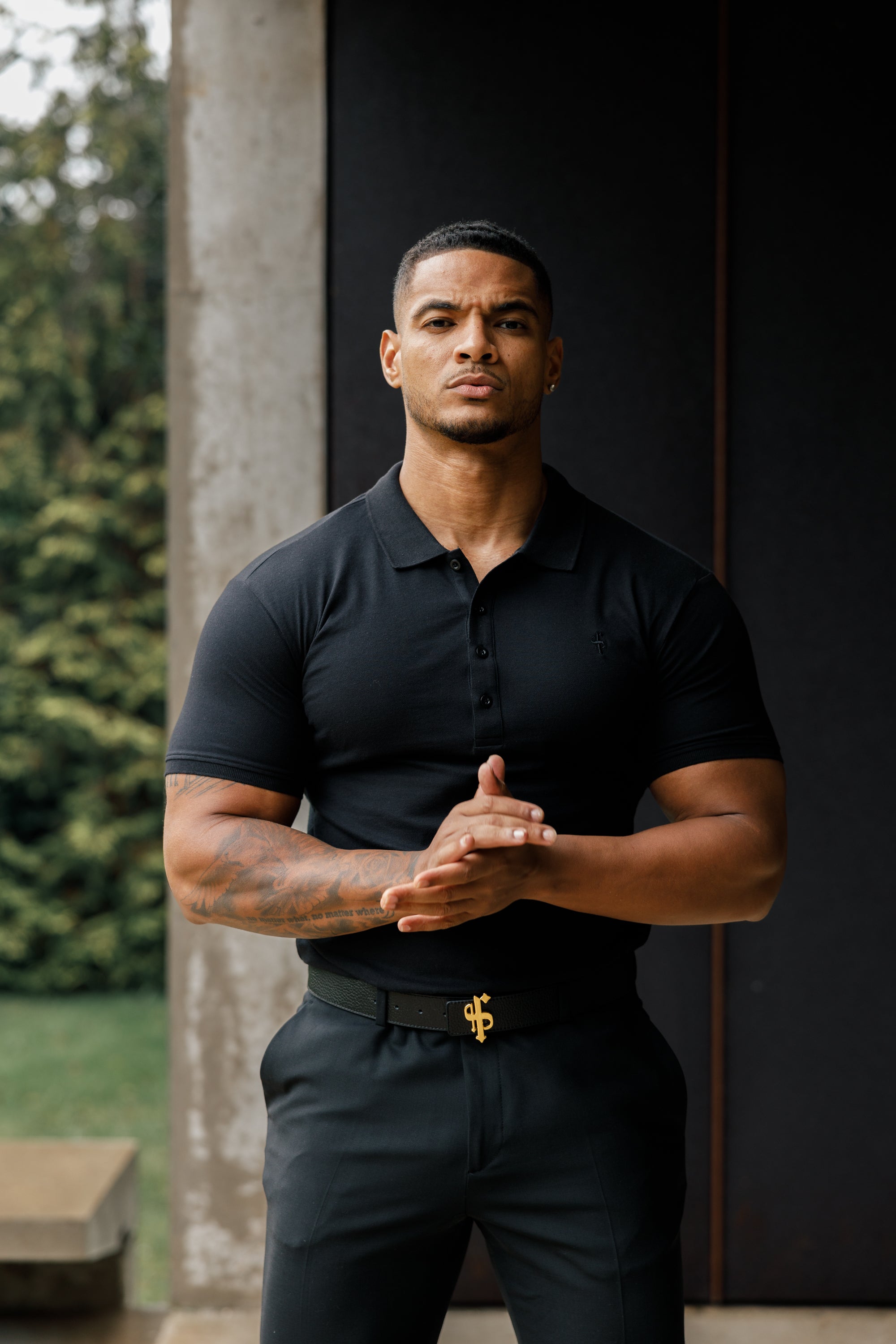 Classic Black Polo Shirt with Tonal Button and Embroidery - FSH824