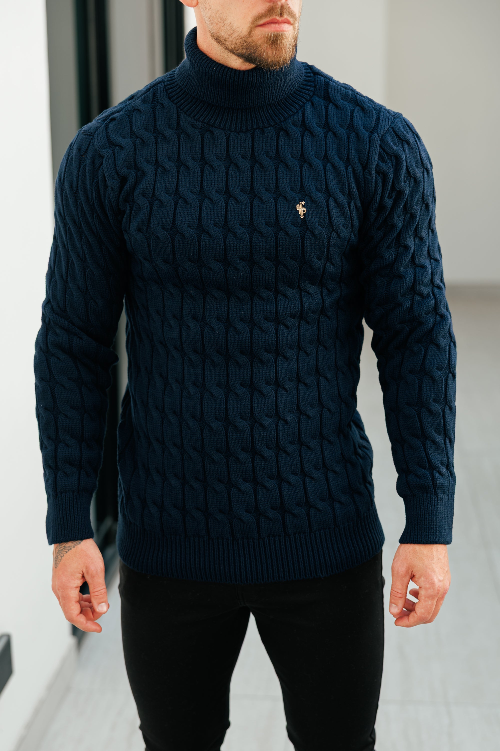Link Weave Knit Navy Roll Neck Jumper - FSJ103