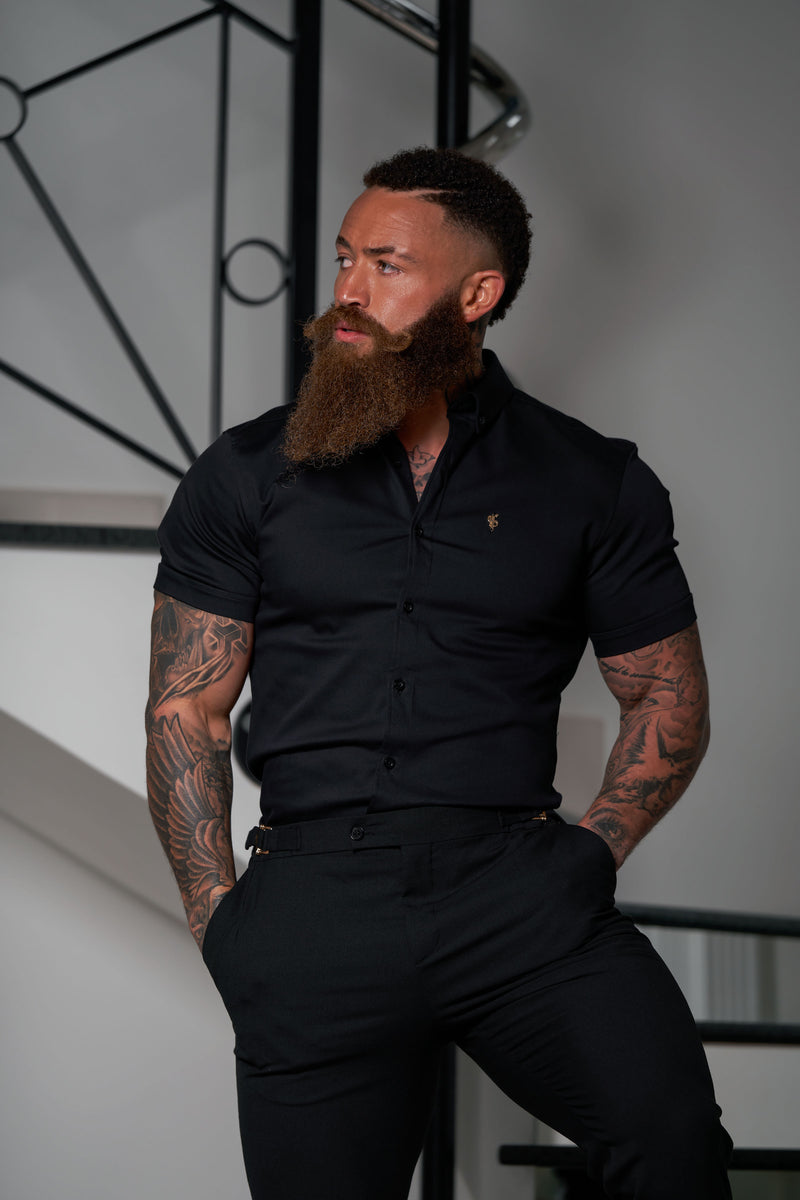 Father Sons Slim Formal Black Stretch Pants With Gold Waist Adjusters - FST036