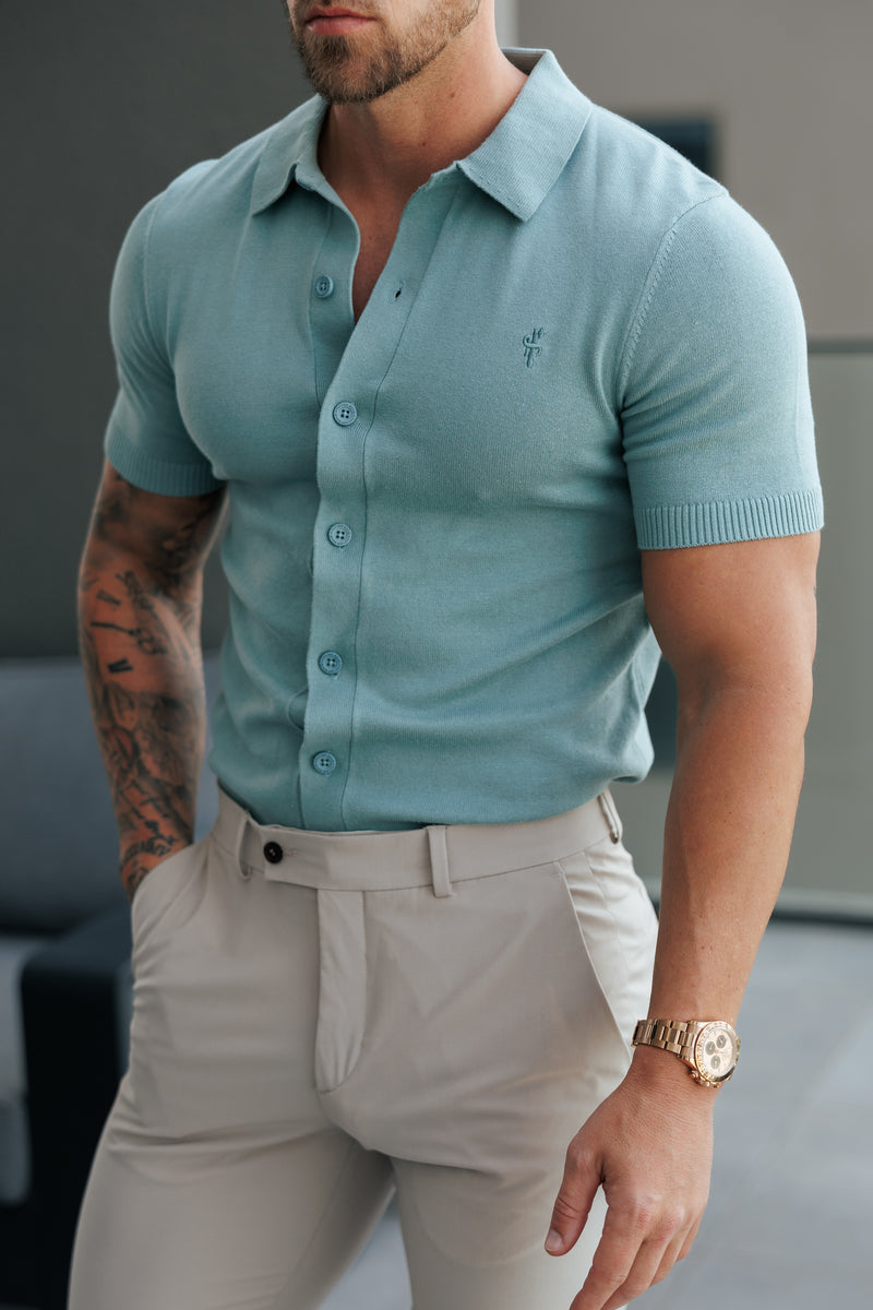 Father Sons Classic Plain Teal Knitted Button Through Polo Short Sleeve - FSN216