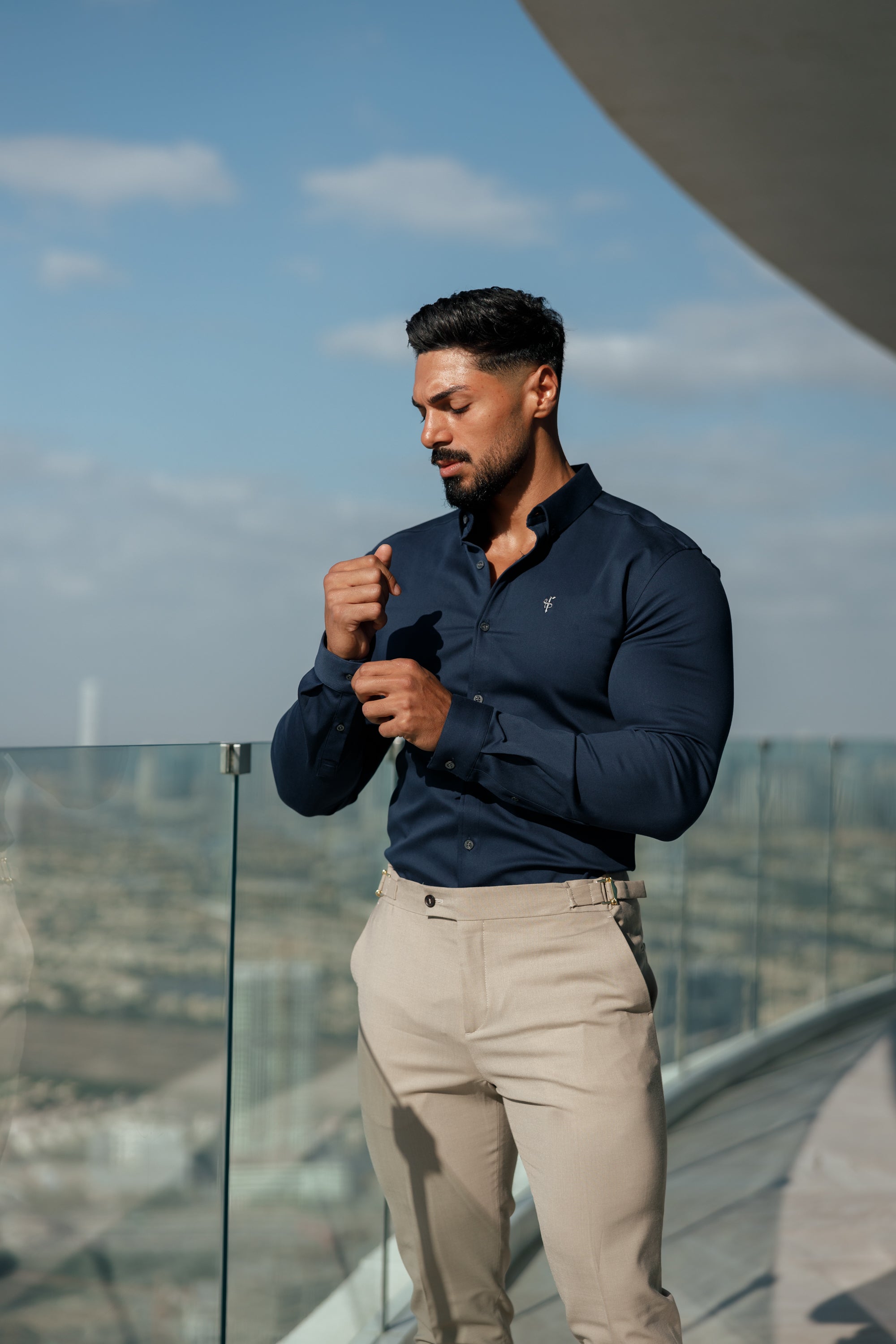 Super Slim Stretch New Navy Denim Long Sleeve With Button Down Collar - FS1018