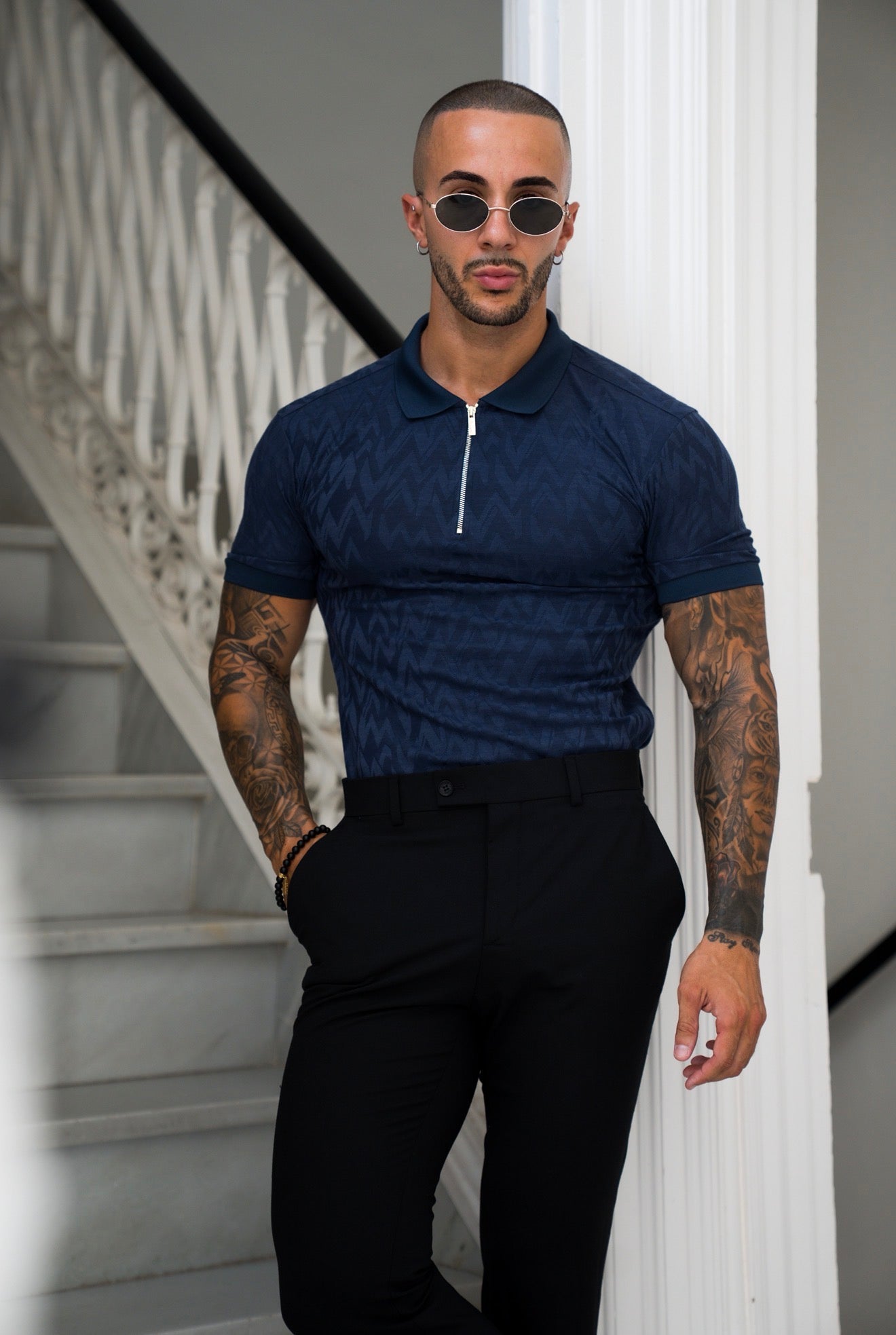 Classic Jacquard Navy Chevron Zipped Polo - FSR021