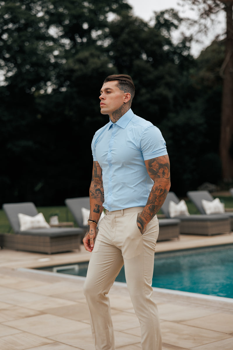 Father Sons Muscle Fit Advanced Stretch Powder Blue Short Sleeve with Cutaway Collar  - FS1162