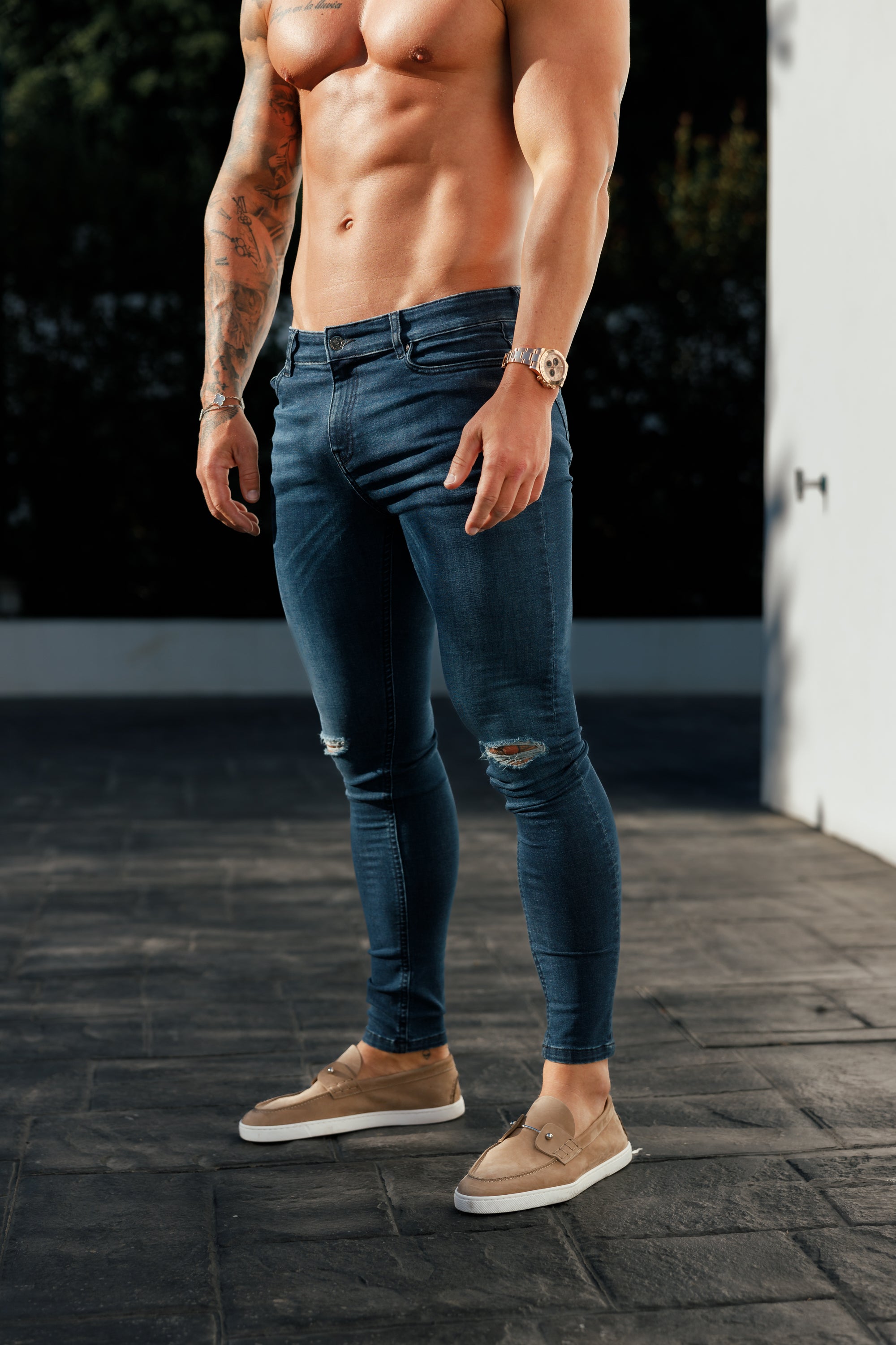 Ultra Stretch Mid Blue Slim Jeans with Knee Rips - FSJEAN011