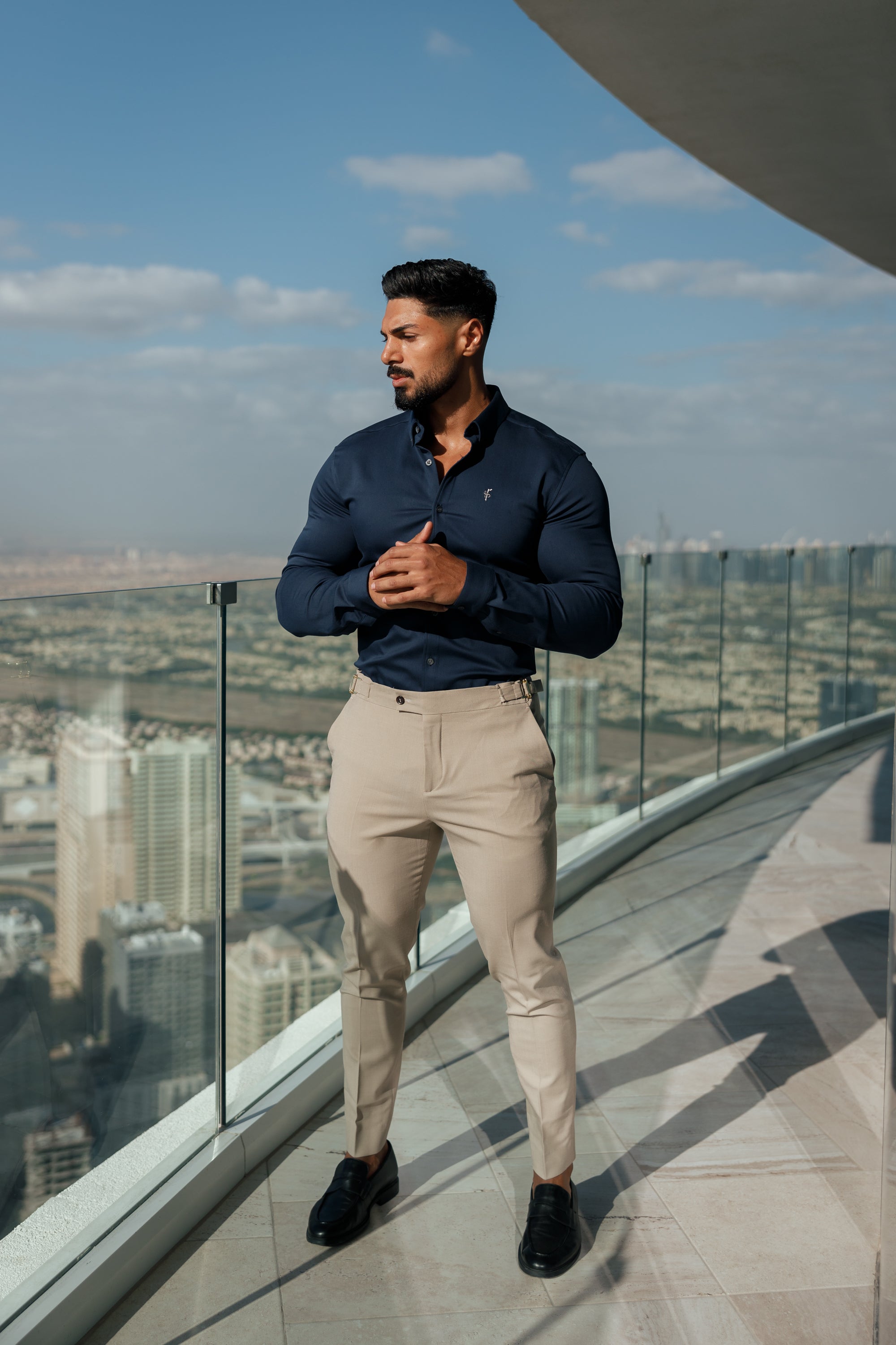 Super Slim Stretch New Navy Denim Long Sleeve With Button Down Collar - FS1018