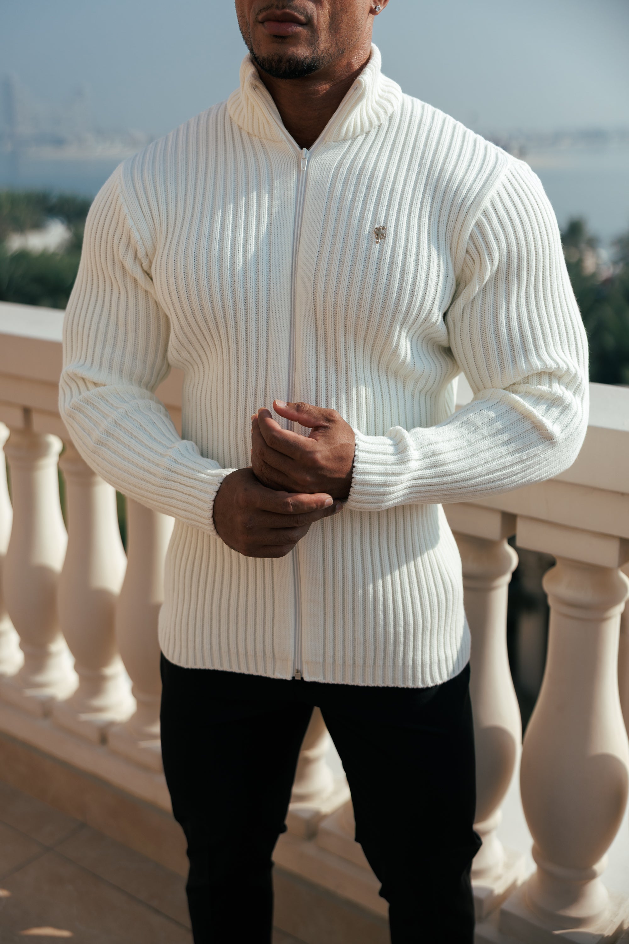 Chunky Cream Ribbed Zipped Cardigan with Gold Emblem- FSJ096