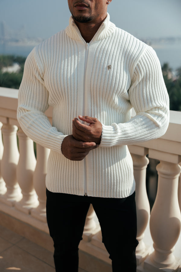 Father Sons Chunky Cream Ribbed Zipped Cardigan with Gold Emblem- FSJ096