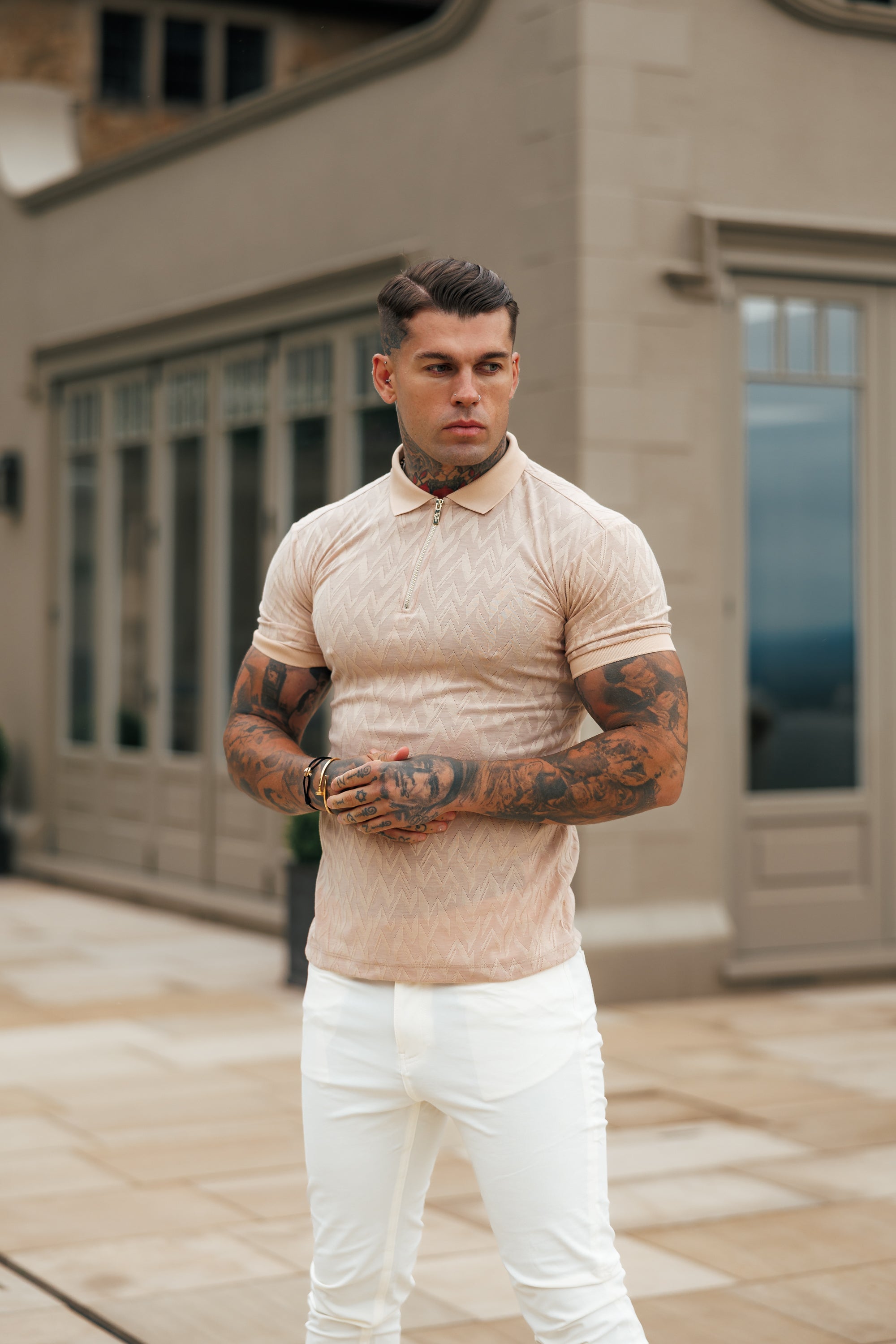 Classic Jacquard Beige Chevron Zipped Polo - FSR023
