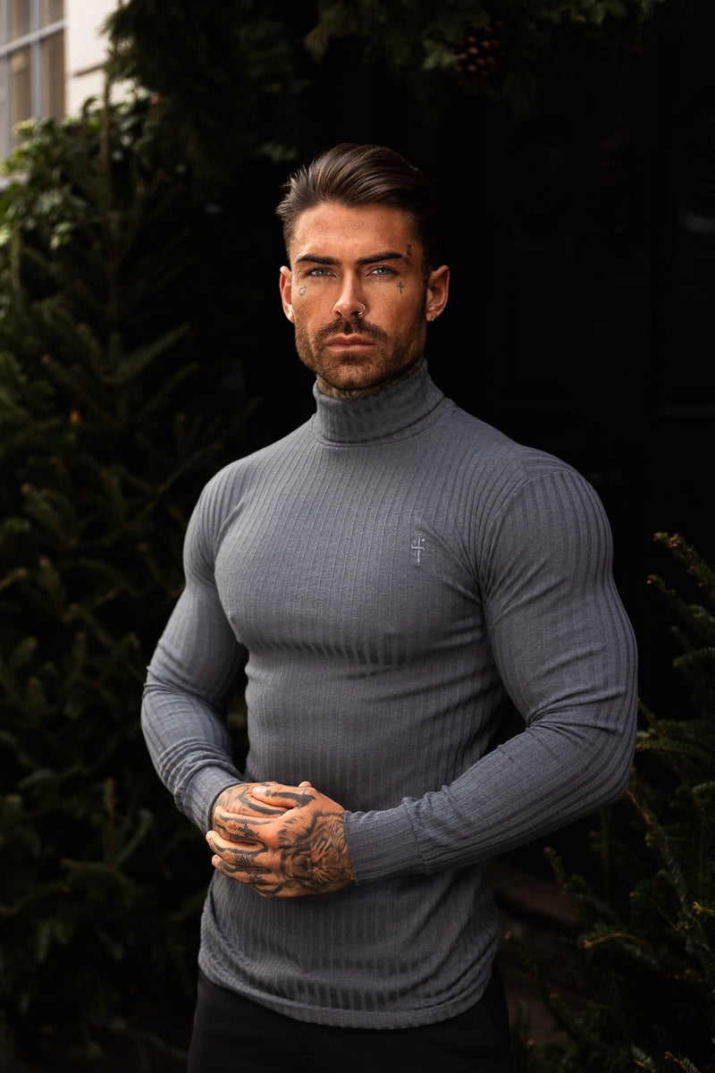 Father Sons Classic Charcoal Ribbed Knit Roll-neck Sweater - FSH954