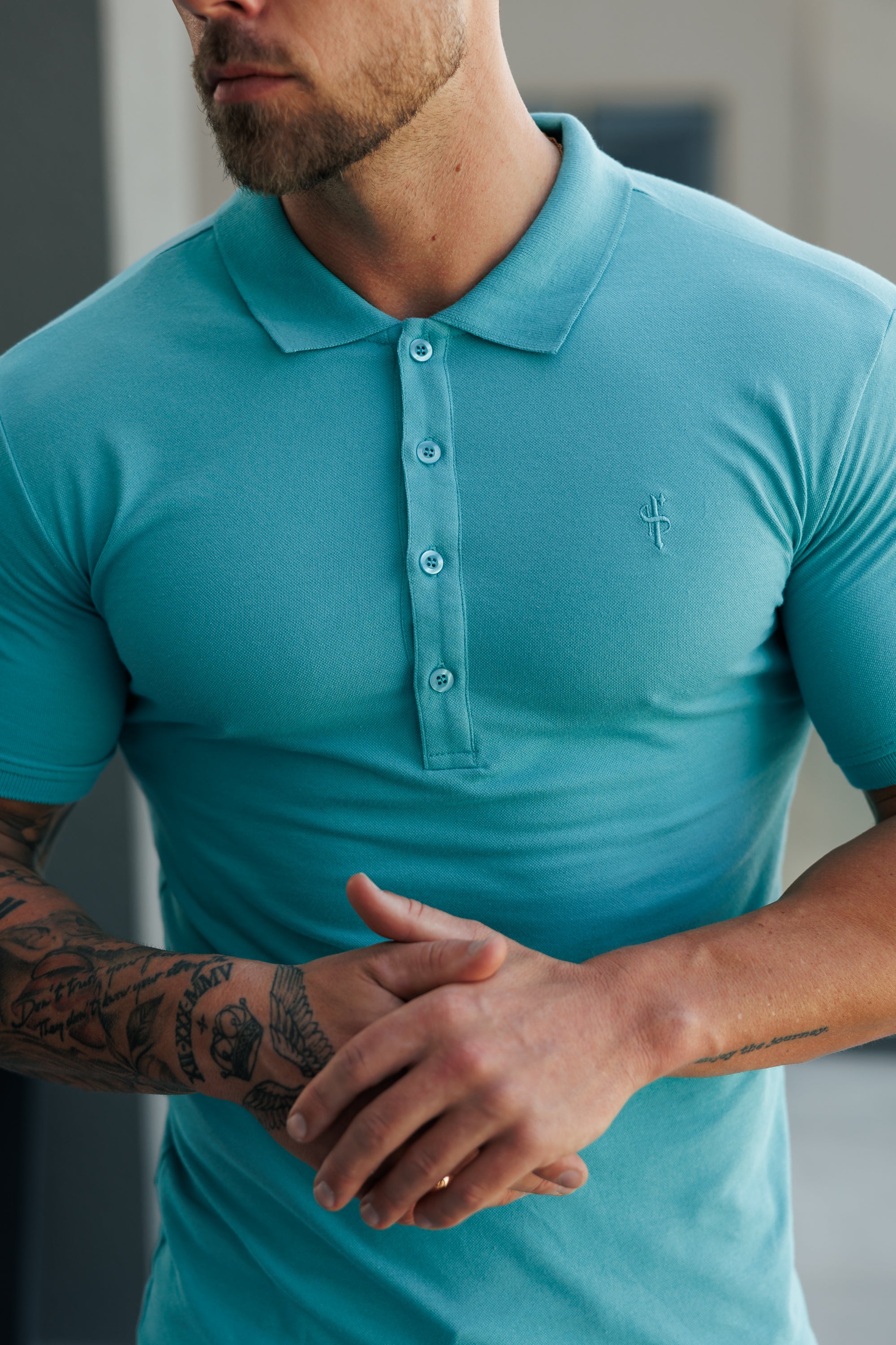 Classic Ocean Green Polo Shirt with Tonal Button and Embroidery - FSH1272