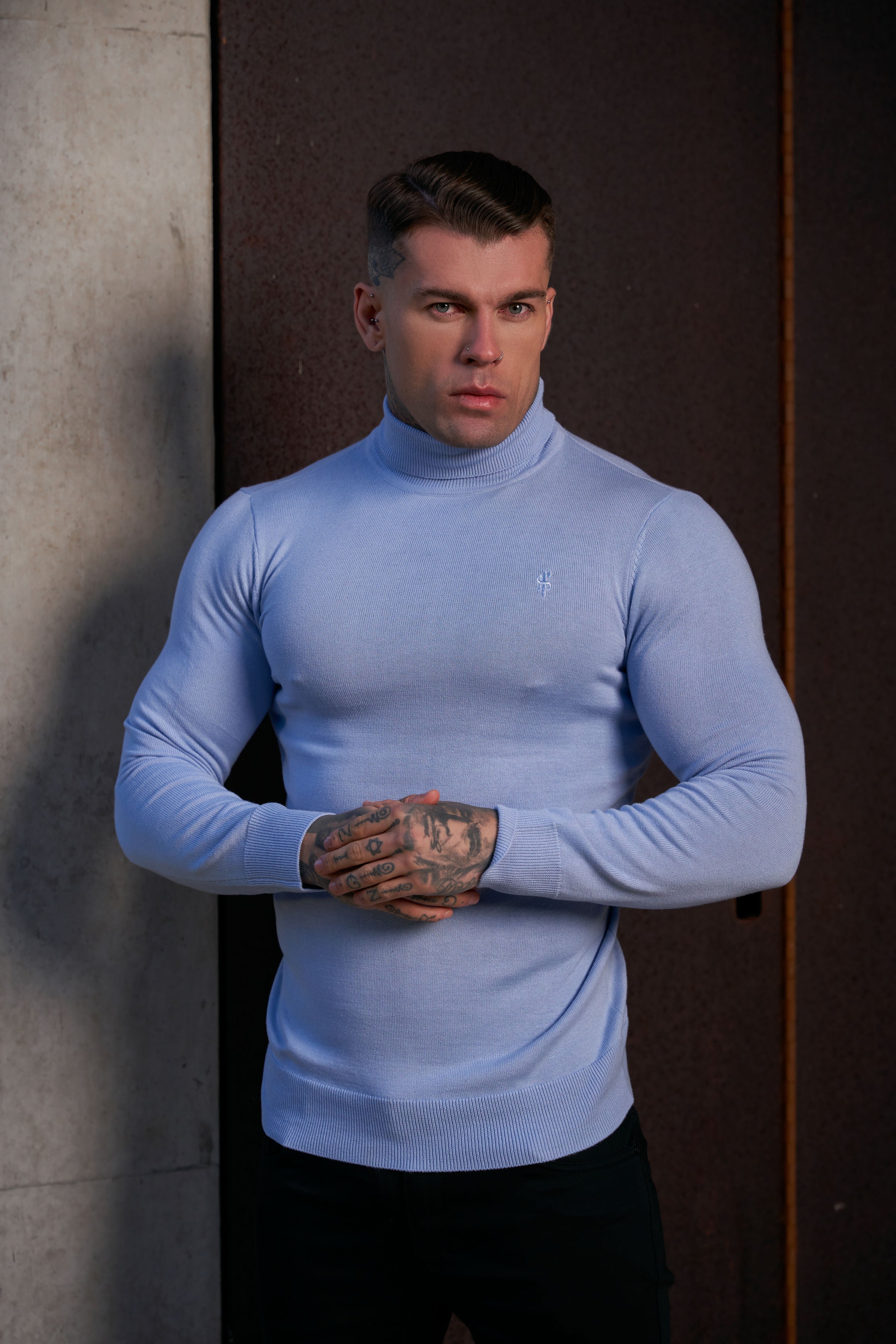Classic Pale Blue Roll Neck Knitted Jumper With Tonal Emblem - FSN138