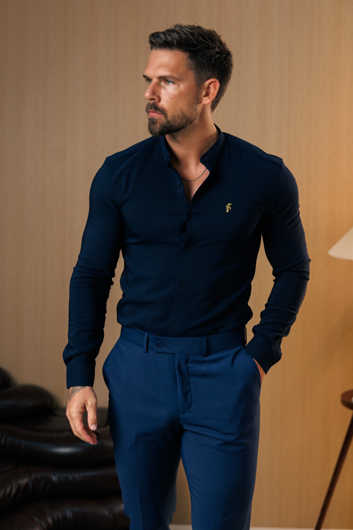 Super Slim Scuba Navy Long Sleeve Stretch With Grandad Collar With Gold Decal  - FS1265