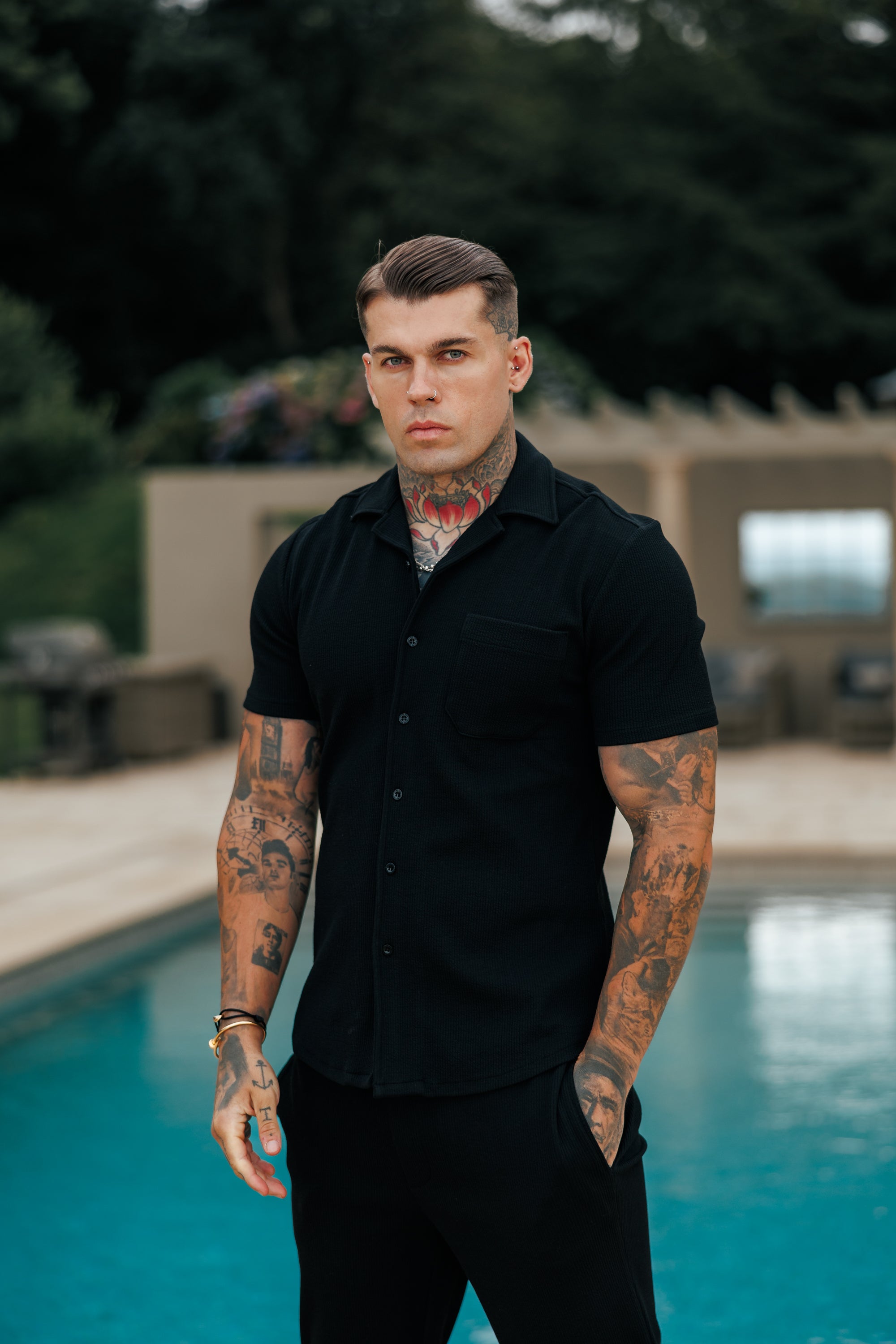 Jersey Cord Stretch Black Revere Shirt Short Sleeve - FSR018