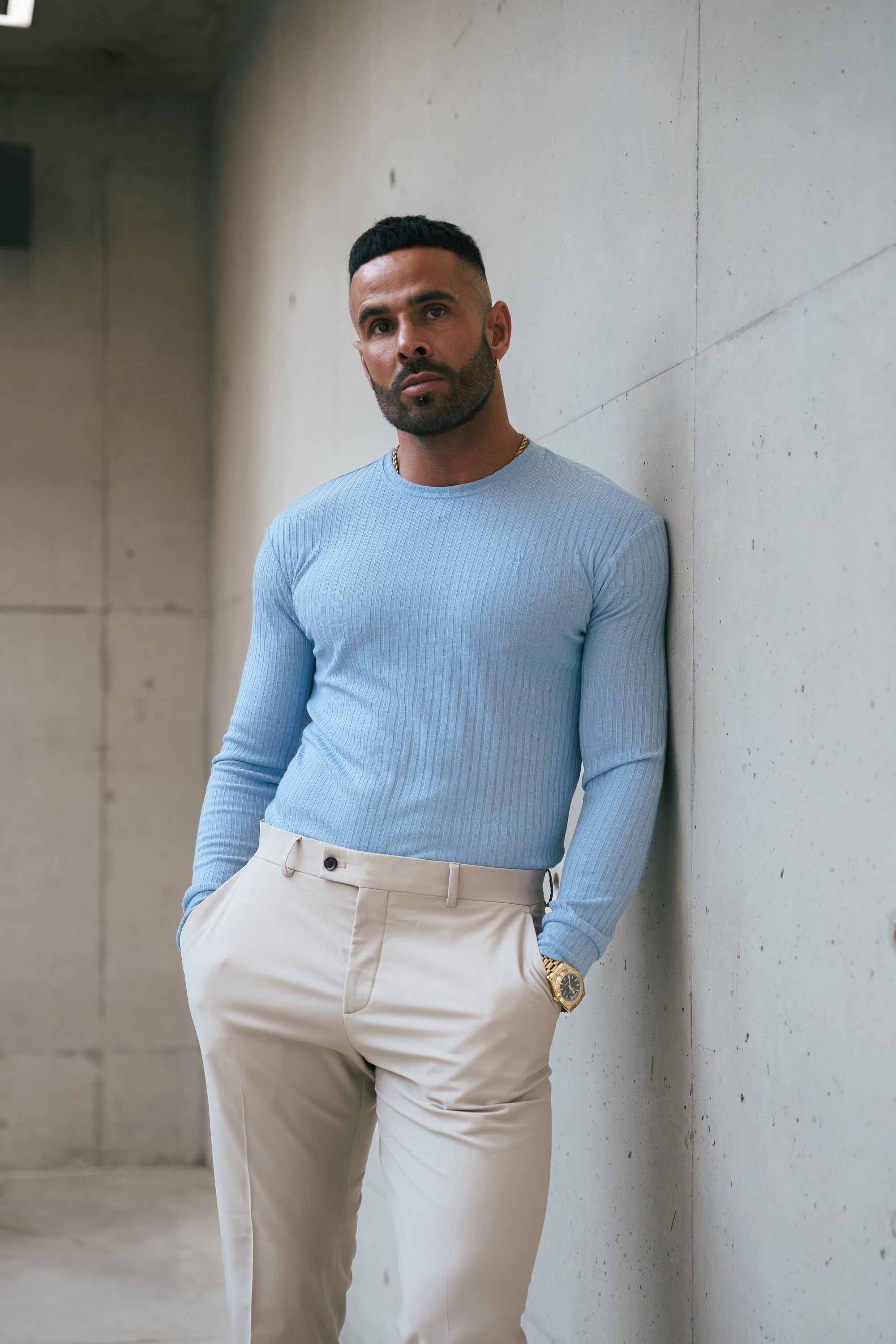 Father Sons Classic Light Blue Ribbed Knit Jumper With Tonal Embroidery -  FSH1286