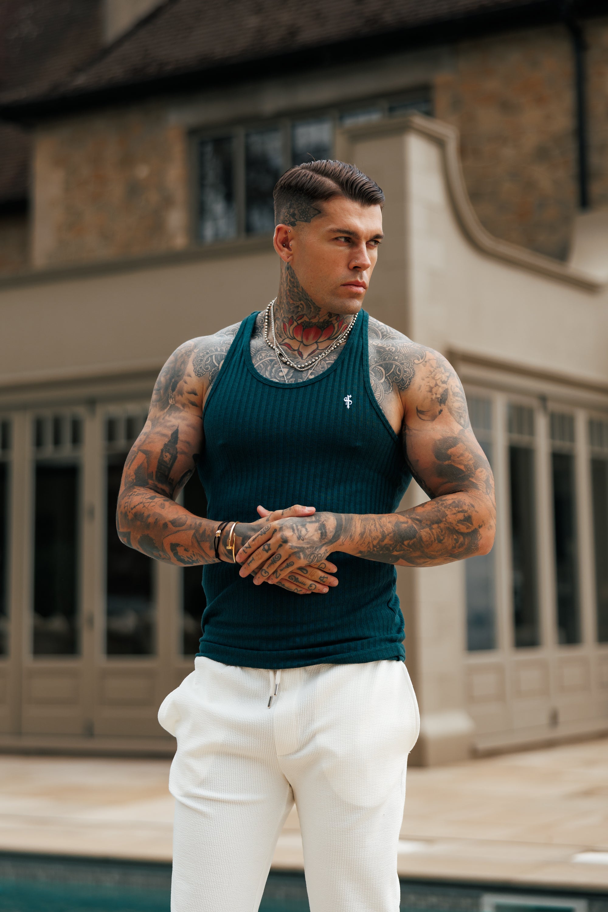 Forest Green / White Ribbed Knit Super Slim Vest - FSH1327