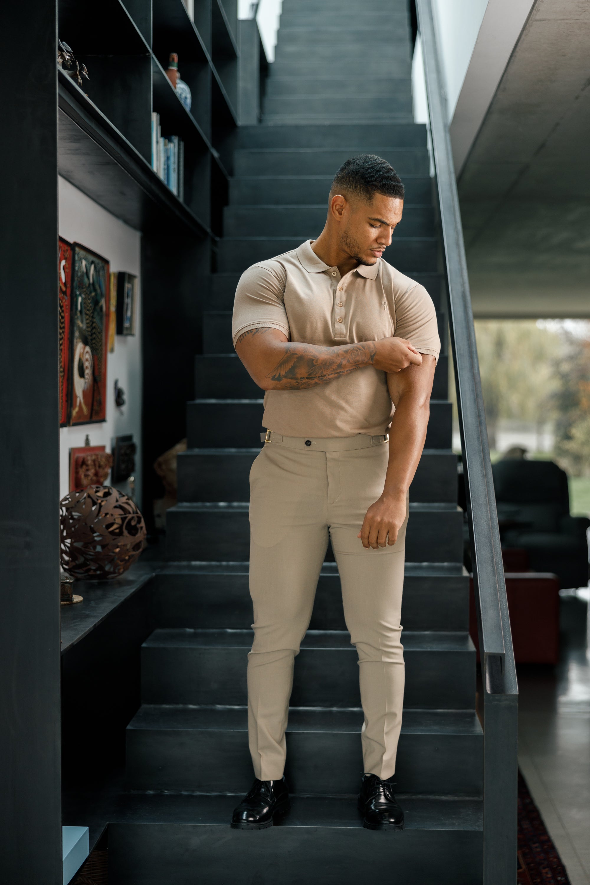 Classic Taupe Polo Shirt with Tonal Button and Embroidery - FSH913