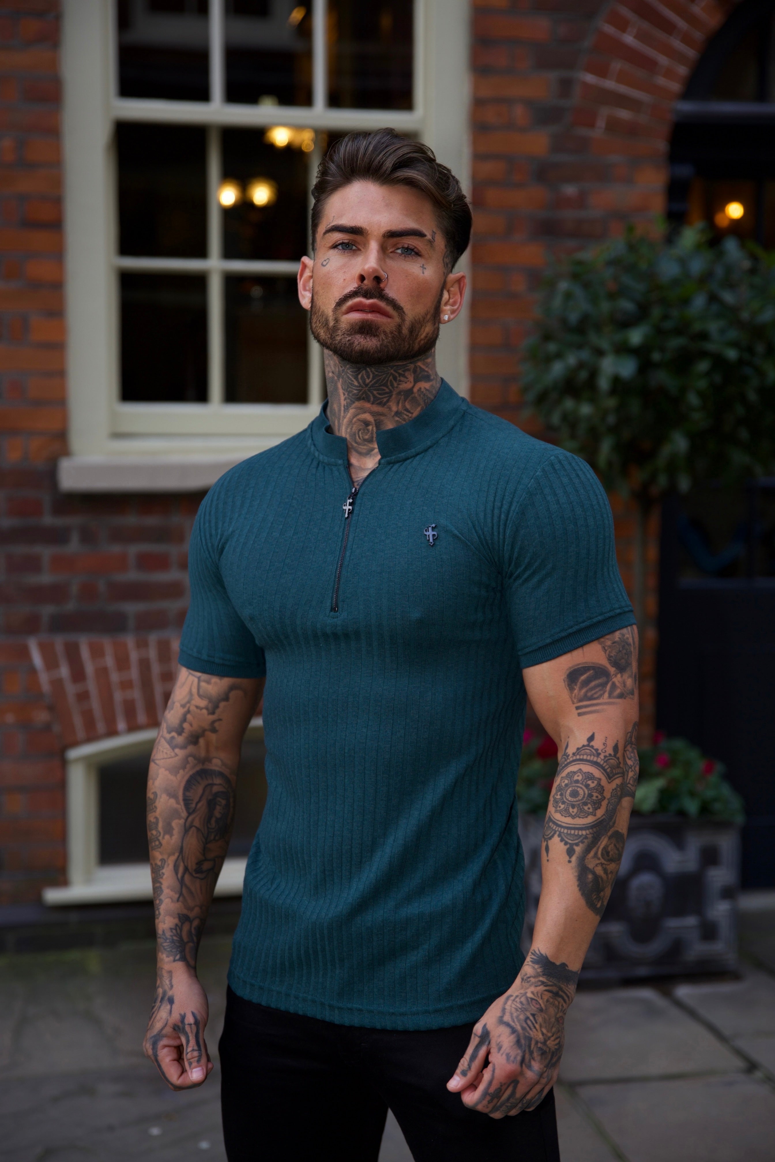 Classic Forest Green / Black Ribbed Black Zip Grandad Collar Shirt Short Sleeve - FSH917