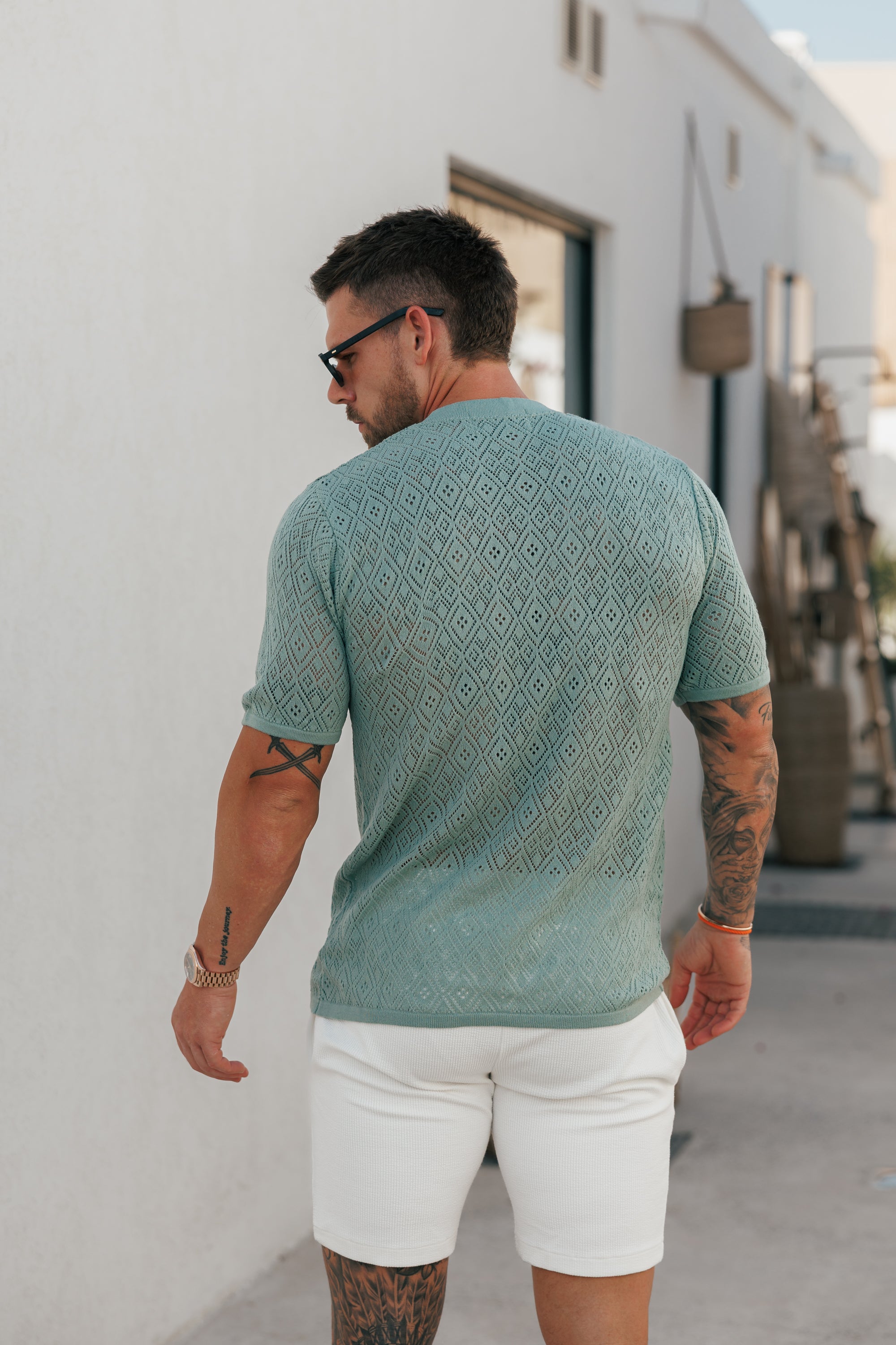 Crochet Crew T-Shirt Light Green Short Sleeve - FSJ091