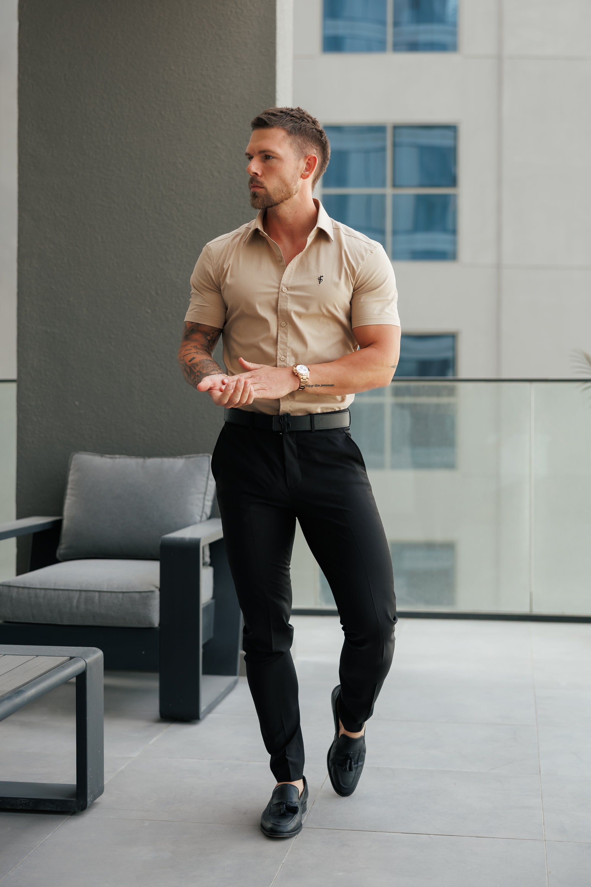 Super Slim Stretch Beige Short Sleeve with Cutaway Collar  - FS1161