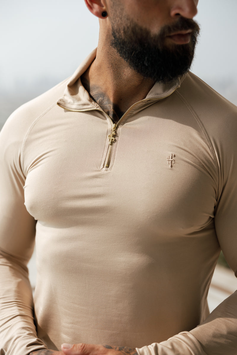 Father Sons Long Sleeve Beige / Gold Half Zip Gym Top - FSH892