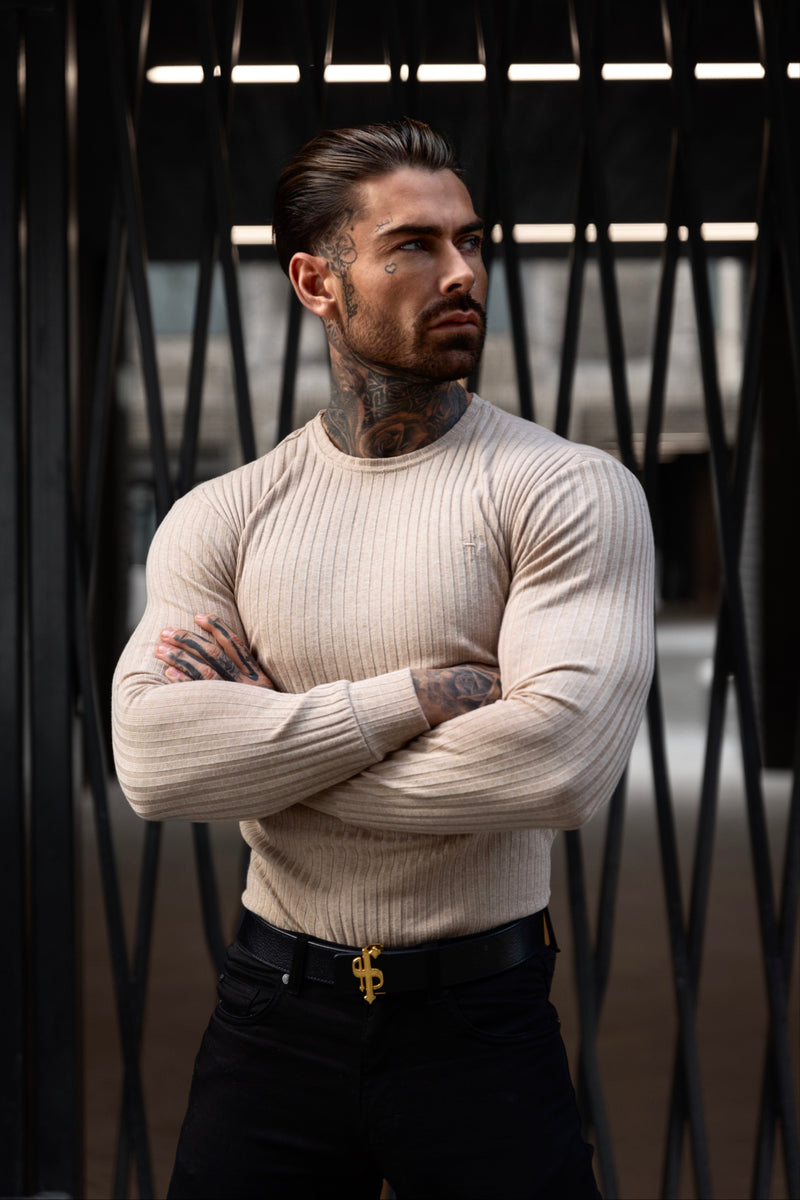 Father Sons Classic Beige Ribbed Knit Sweater With Tonal Embroidery - FSH950