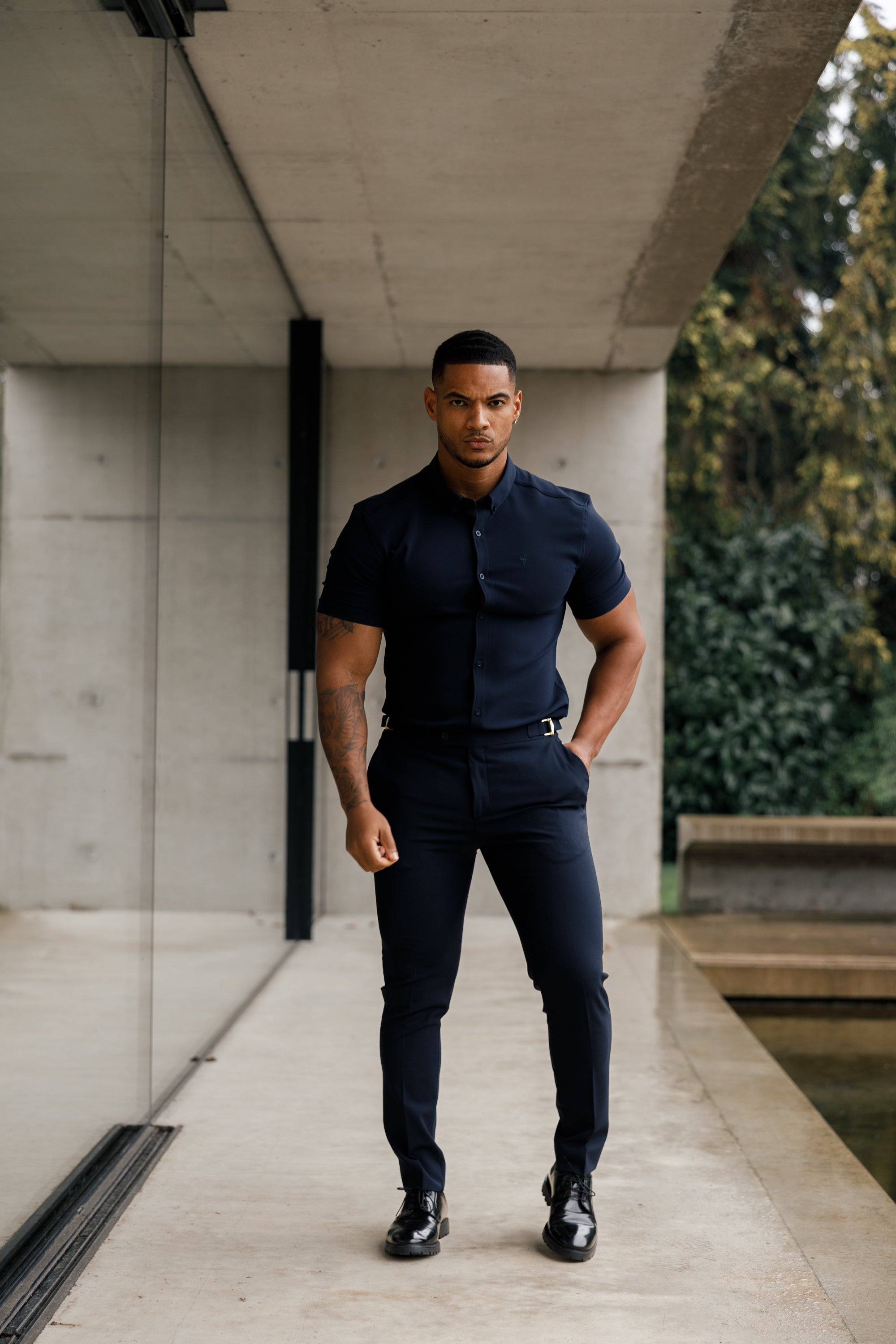 Father Sons Slim Formal Navy Stretch Pants With Gold Waist Adjusters - FST016