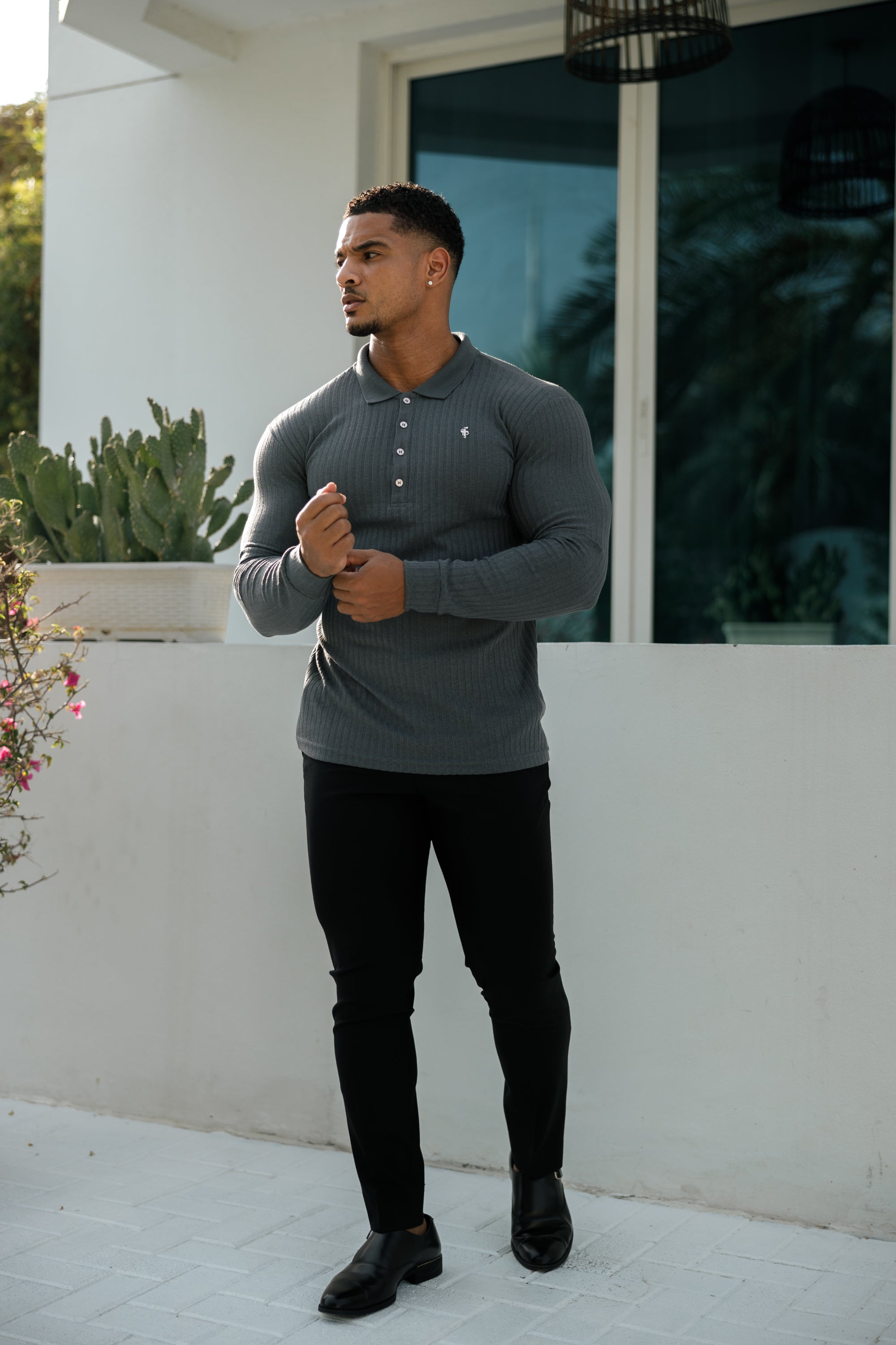 Classic Charcoal Ribbed Polo Shirt Long Sleeve With Silver Decal - FSH971