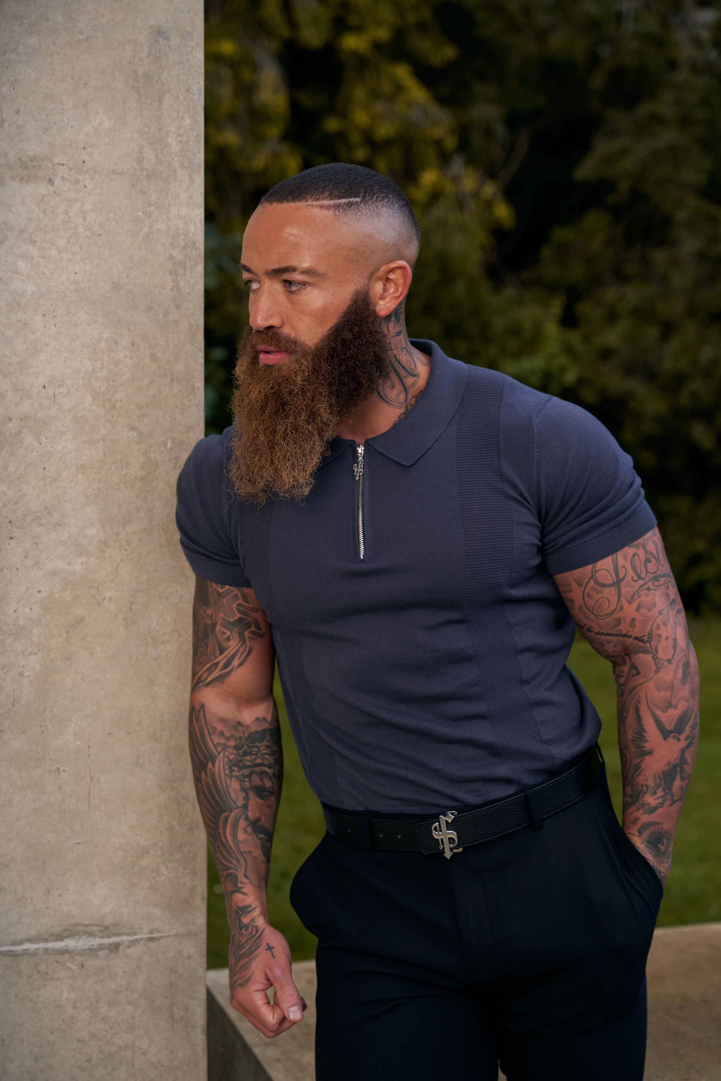 Classic Gunmetal and Silver Zip Knitted Polo Shirt Short Sleeve  - FSN133
