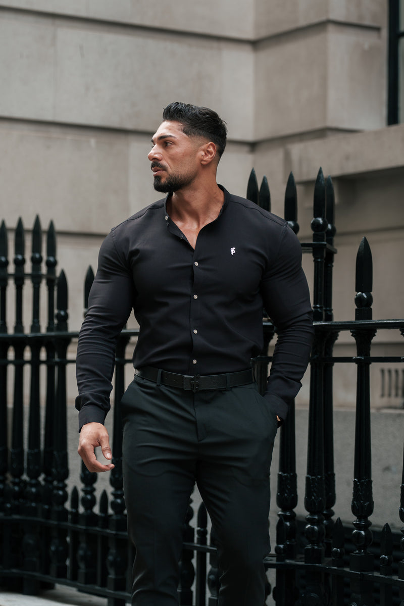 Father Sons Super Slim Scuba Black / Silver Long Sleeve Stretch with Grandad Collar - FS1191