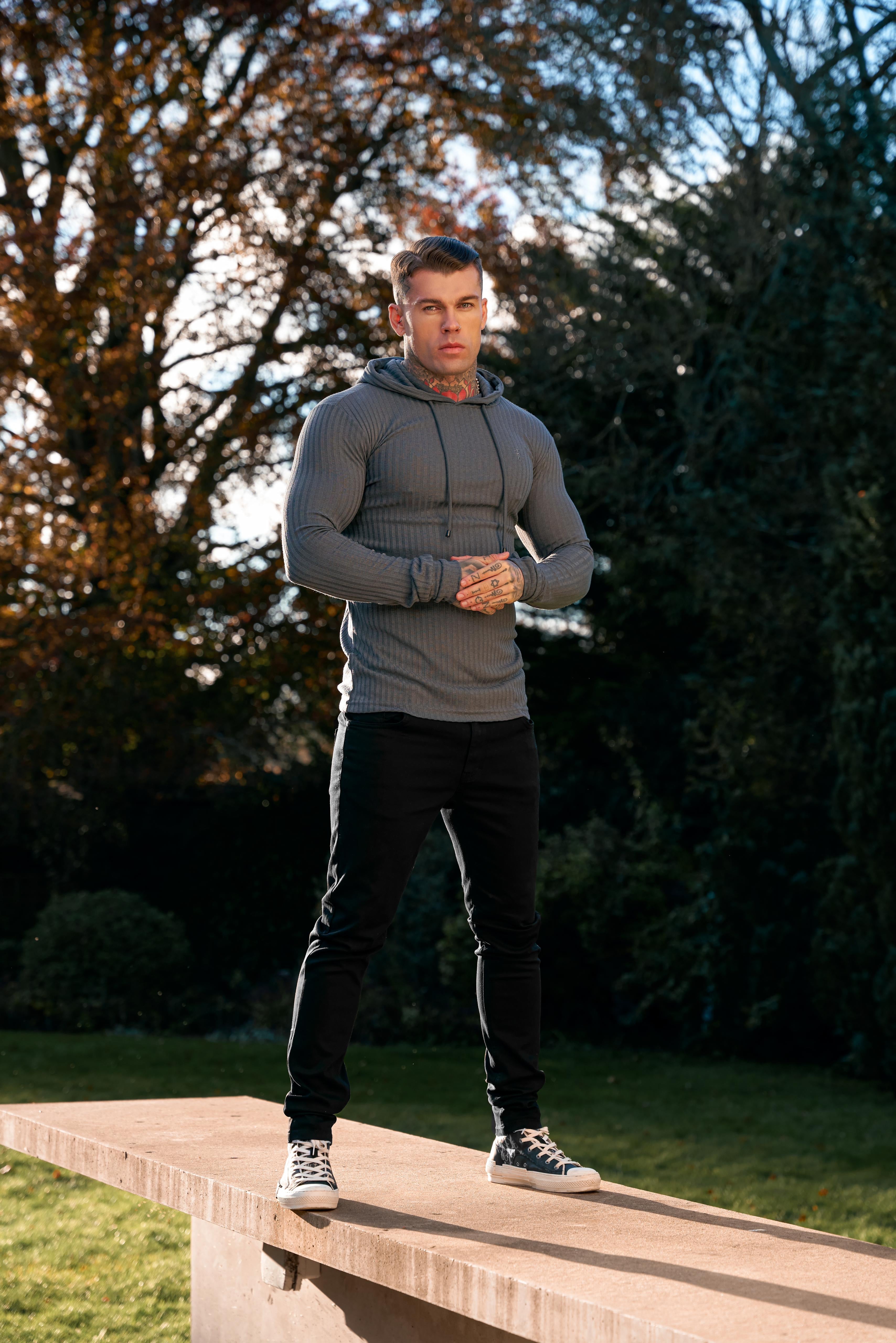 Classic Dark Grey Ribbed Knit Hoodie Jumper - FSH906