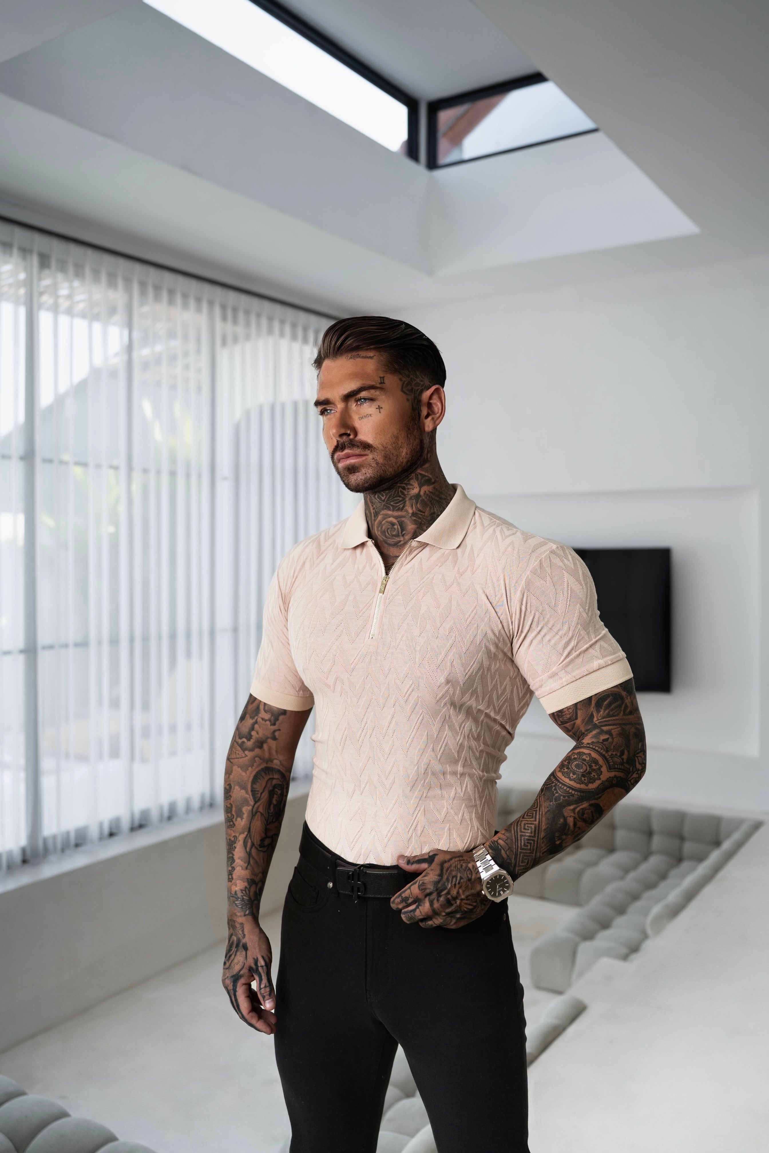 Classic Jacquard Beige Chevron Zipped Polo - FSR023