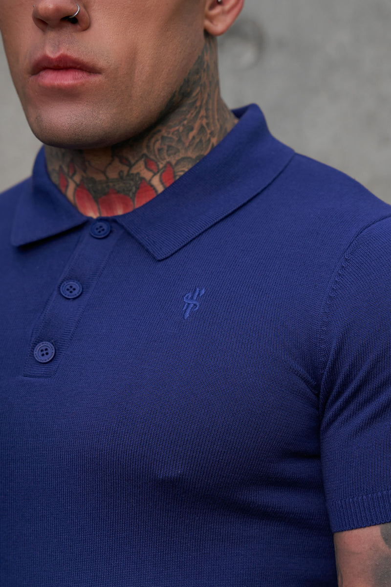 Father Sons Classic Ocean Blue Knitted Polo Sweater Short Sleeve With Tonal FS Embroidery- FSN144