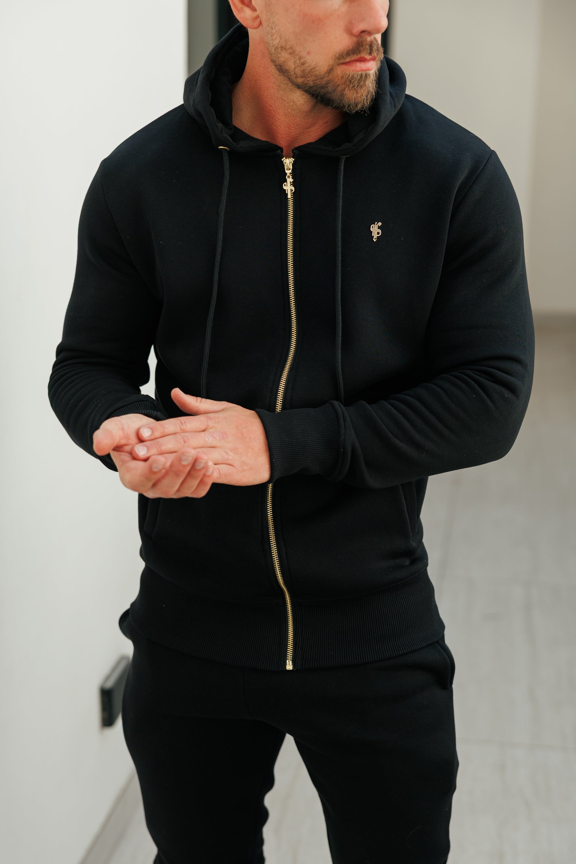 Black / Gold Full Zip Tracksuit Hoodie with Pockets - FSH1438
