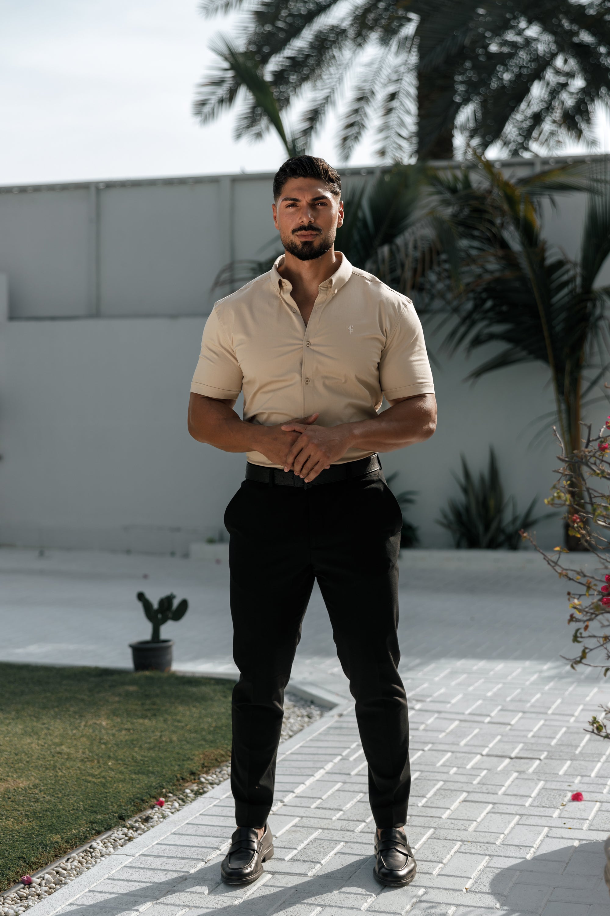 Super Slim Stretch Plain Beige Short Sleeve With Button Down Collar - FS982