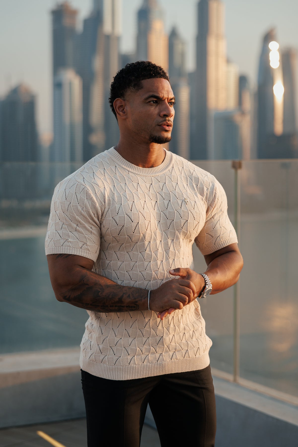 Beige Wave Weave Knit Short Sleeve Sleeve T-Shirt - FSJ171