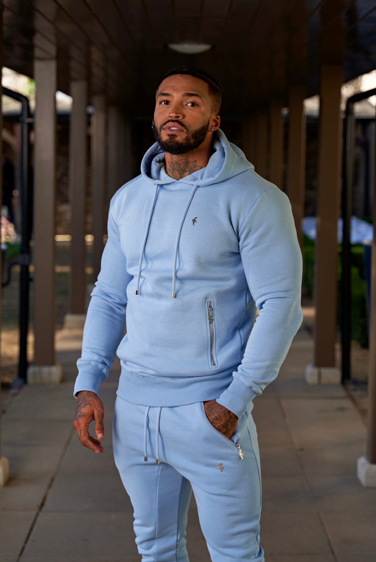 Sky Blue / Silver Overhead Hoodie Top with Zipped Pockets - FSH801