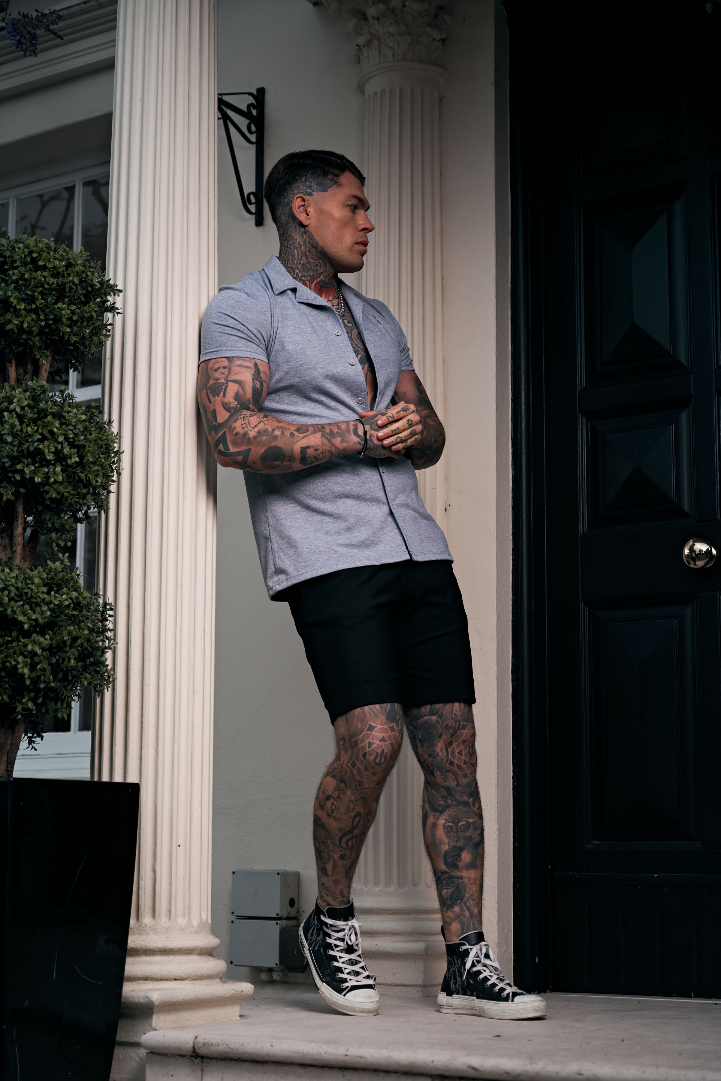 Stretch Light Grey Pique Revere Shirt Short Sleeve - FSH1072