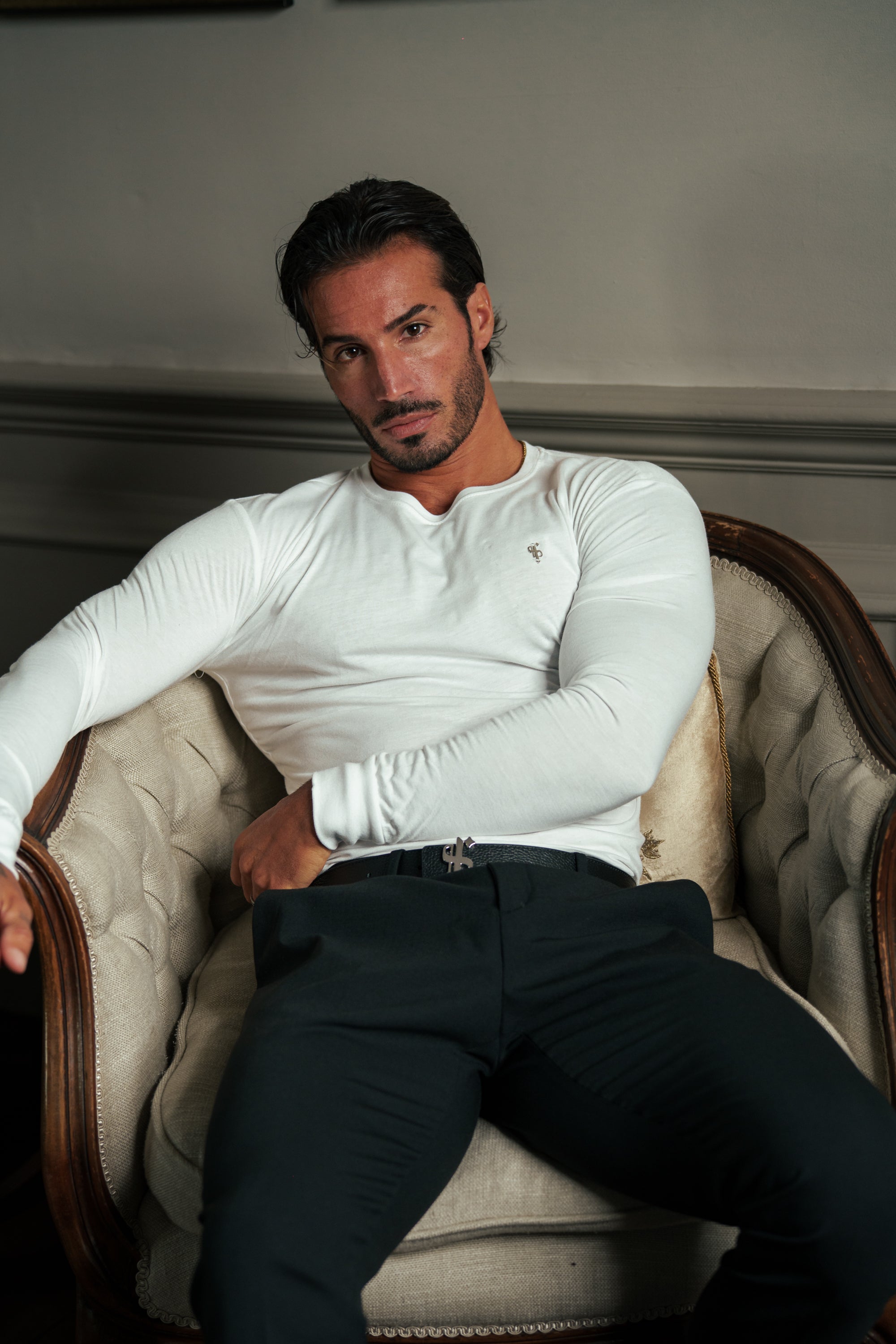 White / Silver Bamboo Crew T-Shirt Long Sleeve - FSH1416